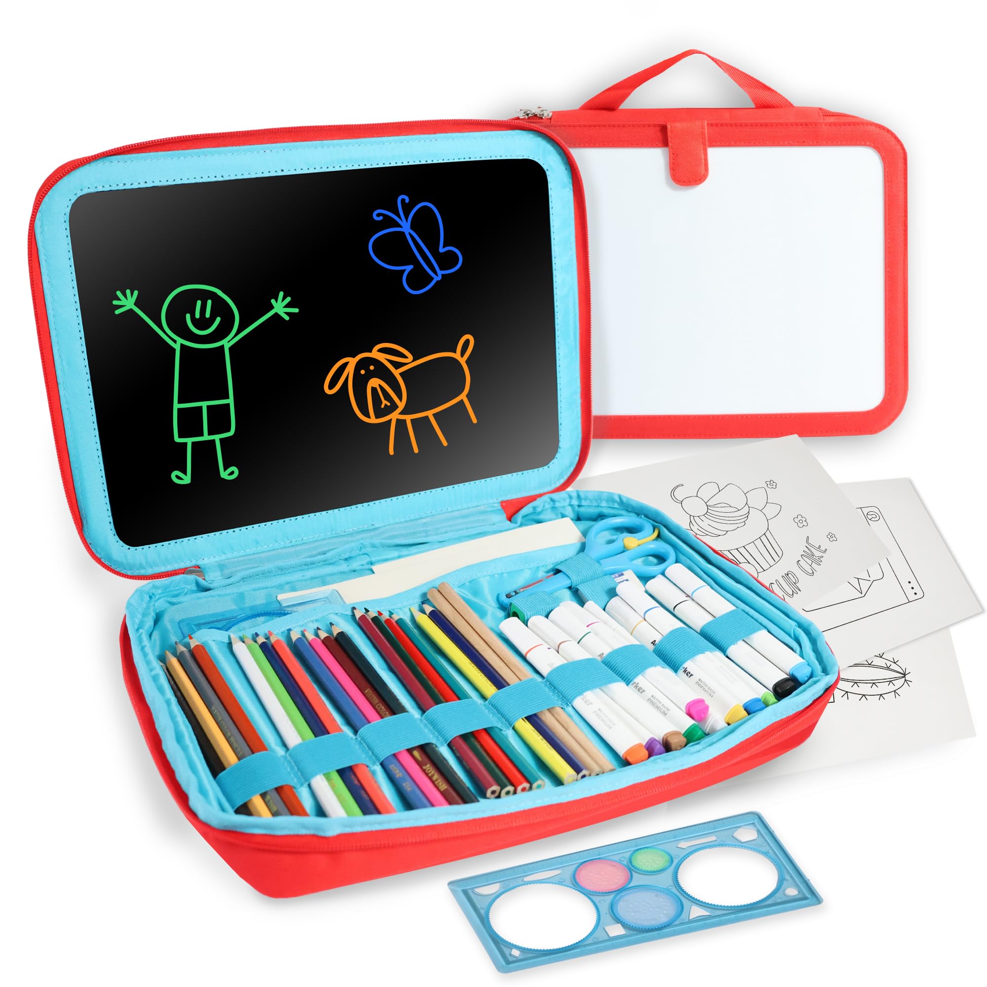 PICOCACA | Maletin de Pinturas para Niños Portatil, Kit pintura infantil con rotuladores y lapices de colores, Tijeras y espirografo, Set de pinturas para niños | Estojo de pintura infantil completo