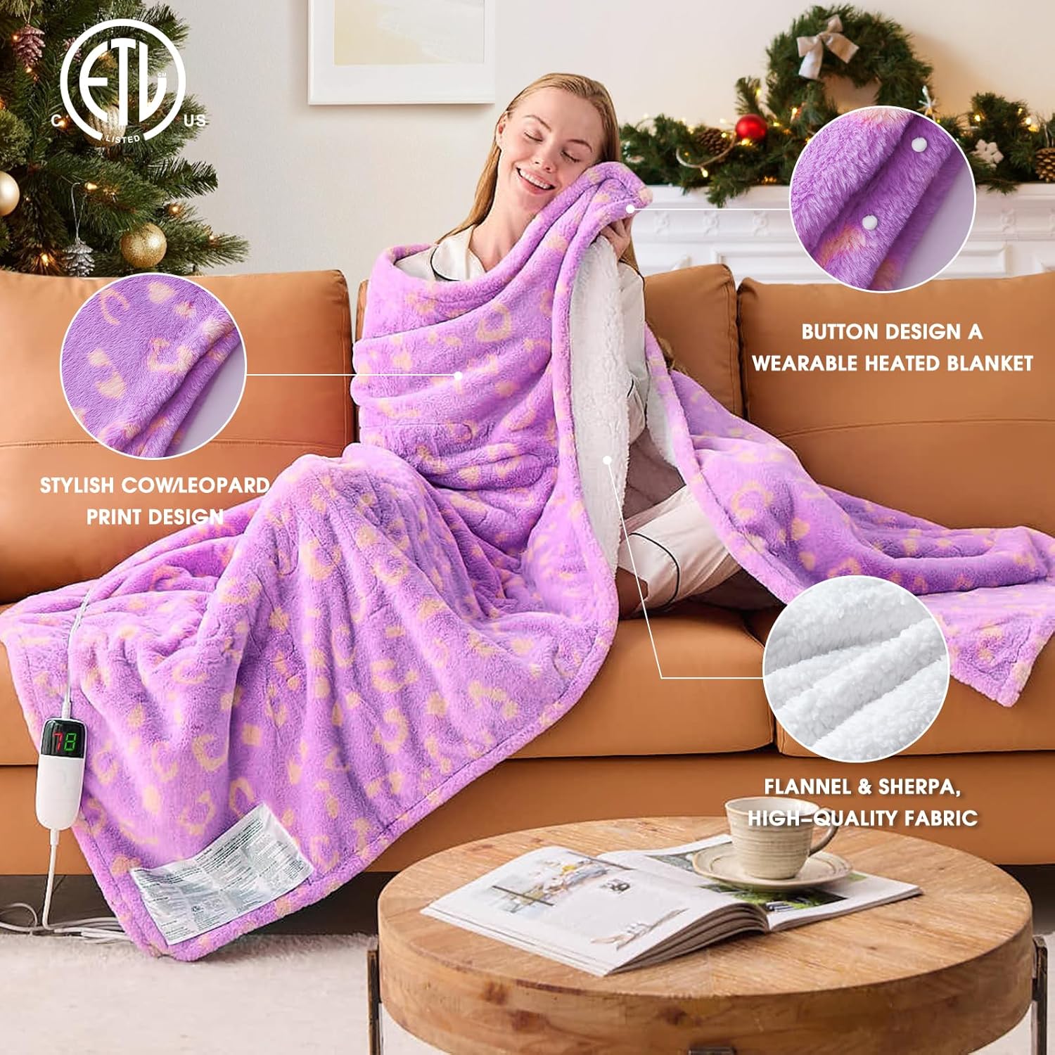 Leopard Print Heated Electric Blanket Throw,50X60 Purple Heating Blanket with 10 Heats Levels & 8 Hours Auto Off,Cute Cheetah Soft Fleece Sherpa Blankets Warmer Gifts for Women Washable - Image 2