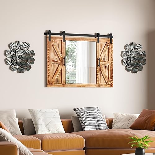 Miniatura 2 de COGOOD Espejo de puerta de granero de granja, 37 x 26 pulgadas, espejo con marco de madera rústica, decoración de pared para comedor, baño, sala de