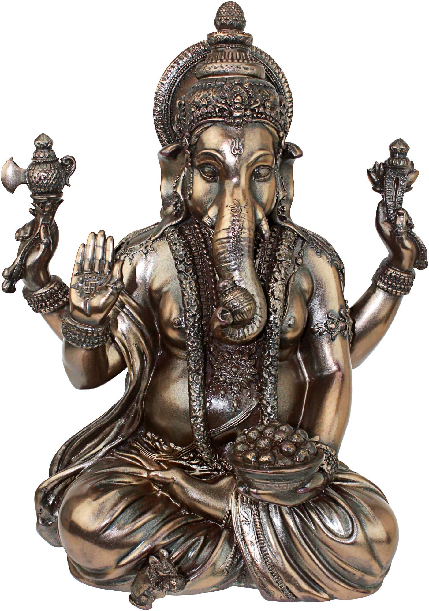 Sitting Lord Ganesha Hindu Elephant Indian-Style Statue Figurine, inches wide, 11 inches tall, Handcast Polyresin, Bronze Finish
