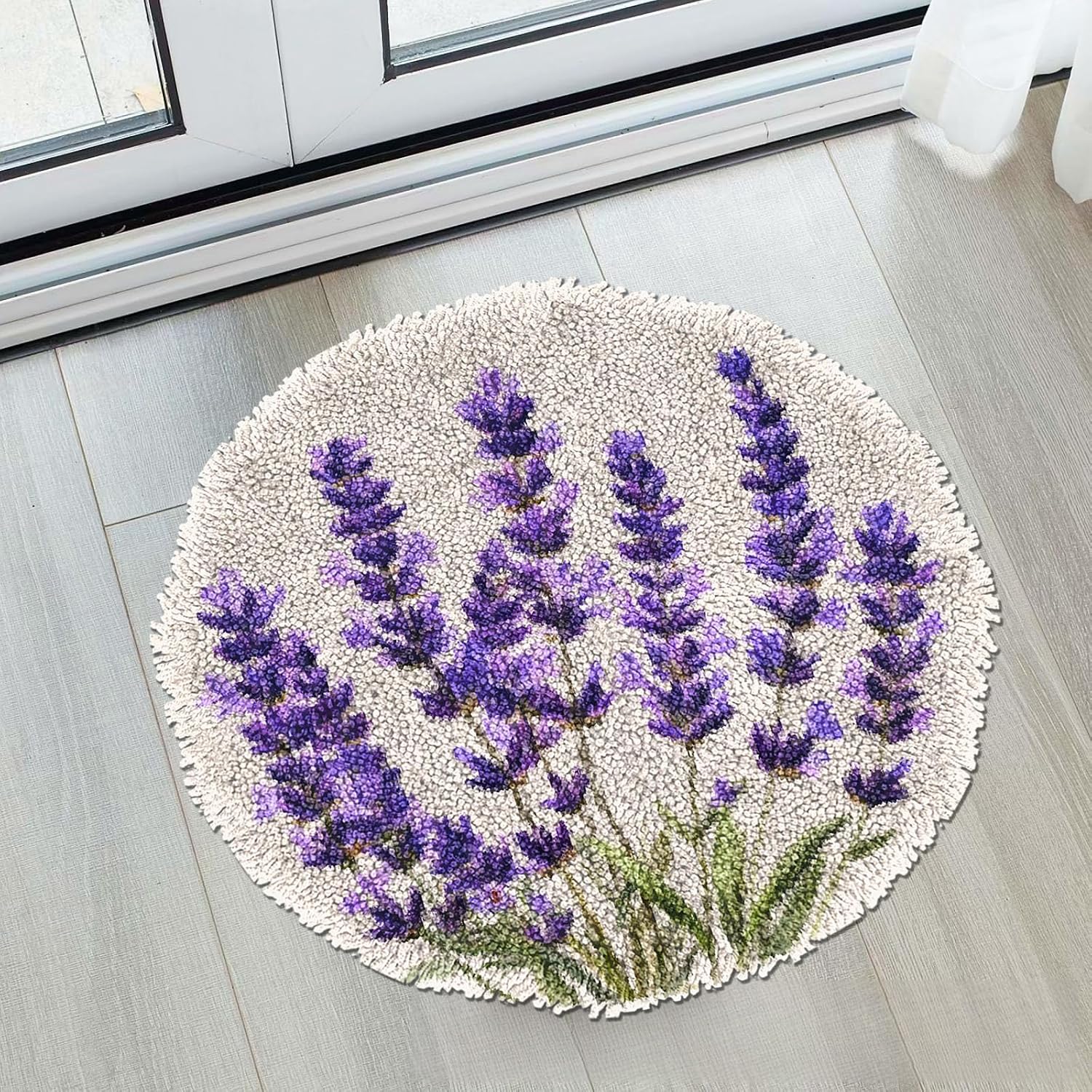 Latch Hook Rug Kit Lavender Flower Stamped Handmade Round Shape Carpet Crochet Yarn Craft DIY Hook and Latch Door Mat Tapestry for Christmas Home Floor Decor 50x50cm(1)