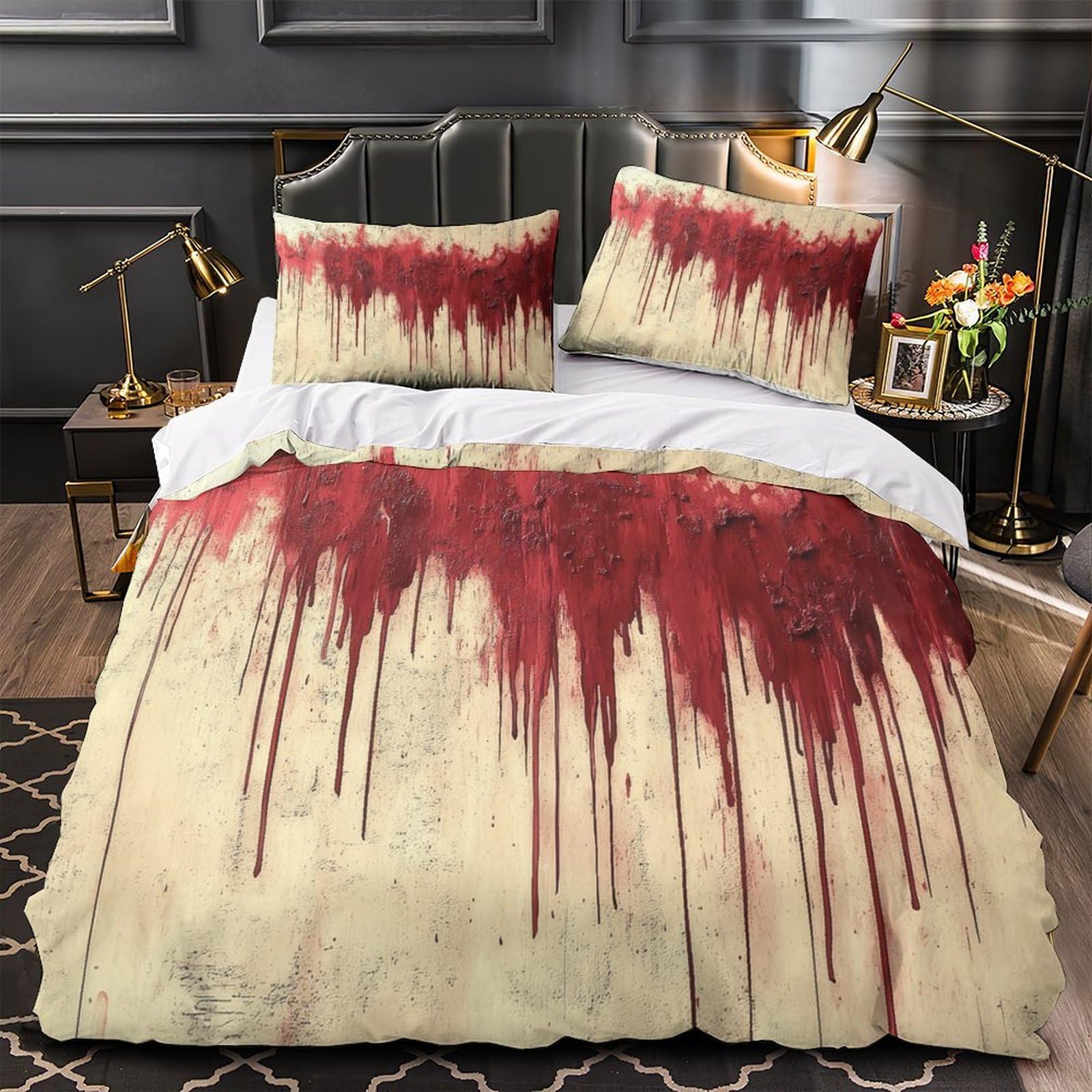 Housse de couette noire 200x200 motif fleurs microfibre