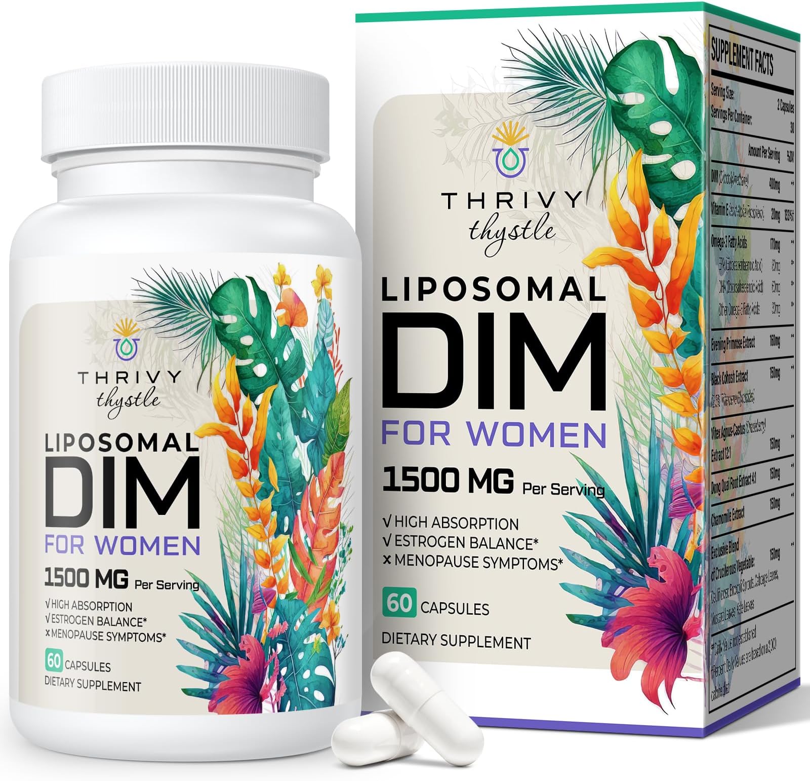 Liposomal DIM 400 mg - Hormone Balance, Estrogen Support for Women, DIM Supplement with Vitamin E, Evening Primrose, Black Cohosh, Omega-3 Fatty Acids (60 Capsules)