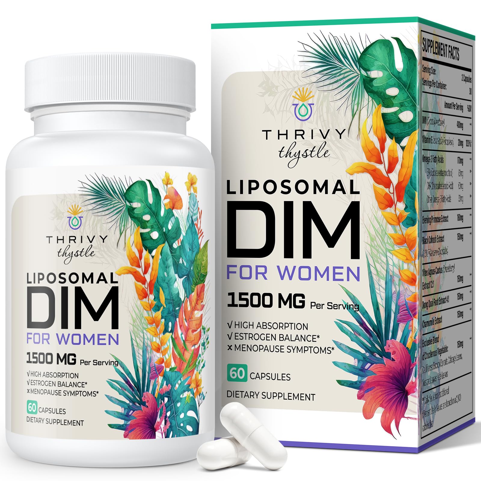 Liposomal DIM 400 mg - Hormone Balance, Estrogen Support for Women, DIM Supplement with Vitamin E, Evening Primrose, Black Cohosh, Omega-3 Fatty Acids (60 Capsules)