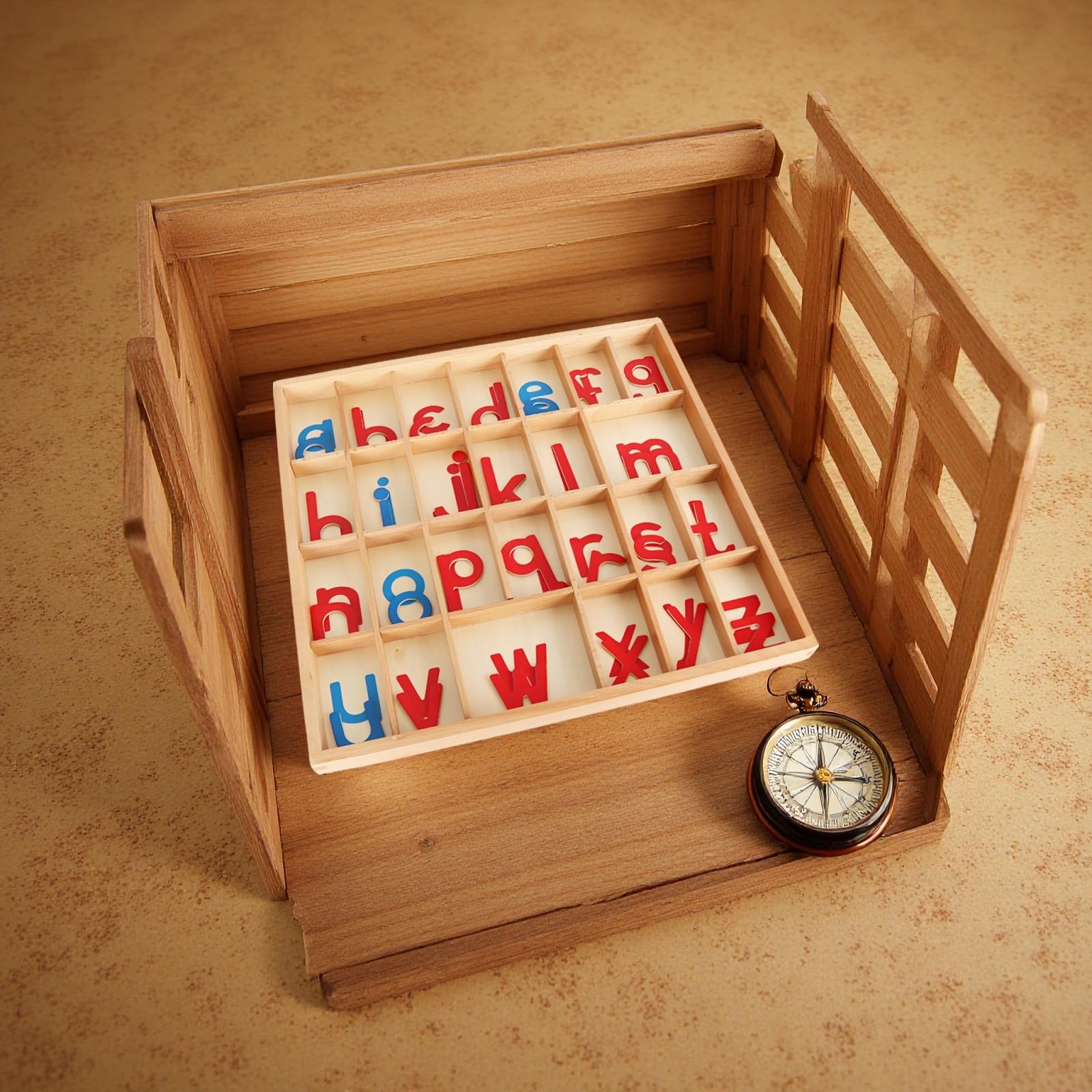 Alfabeto móvil con caja y manta, alfabeto de madera para educación temprana, letras cursivas pequeñas, consonantes rojas y vocales azules, 34,5 x 33 x 2,5 cm