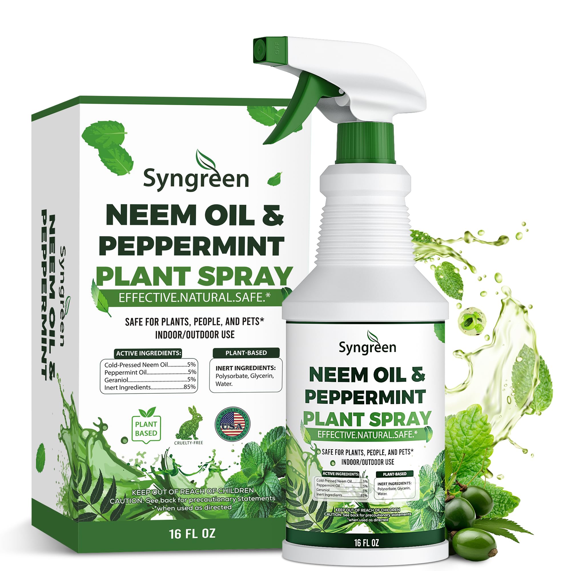 Syngreen Neem Oil Spray for Plants with Peppermint – Gentle Leaf Maintenance for Indoor and Outdoor Greenery, 16oz