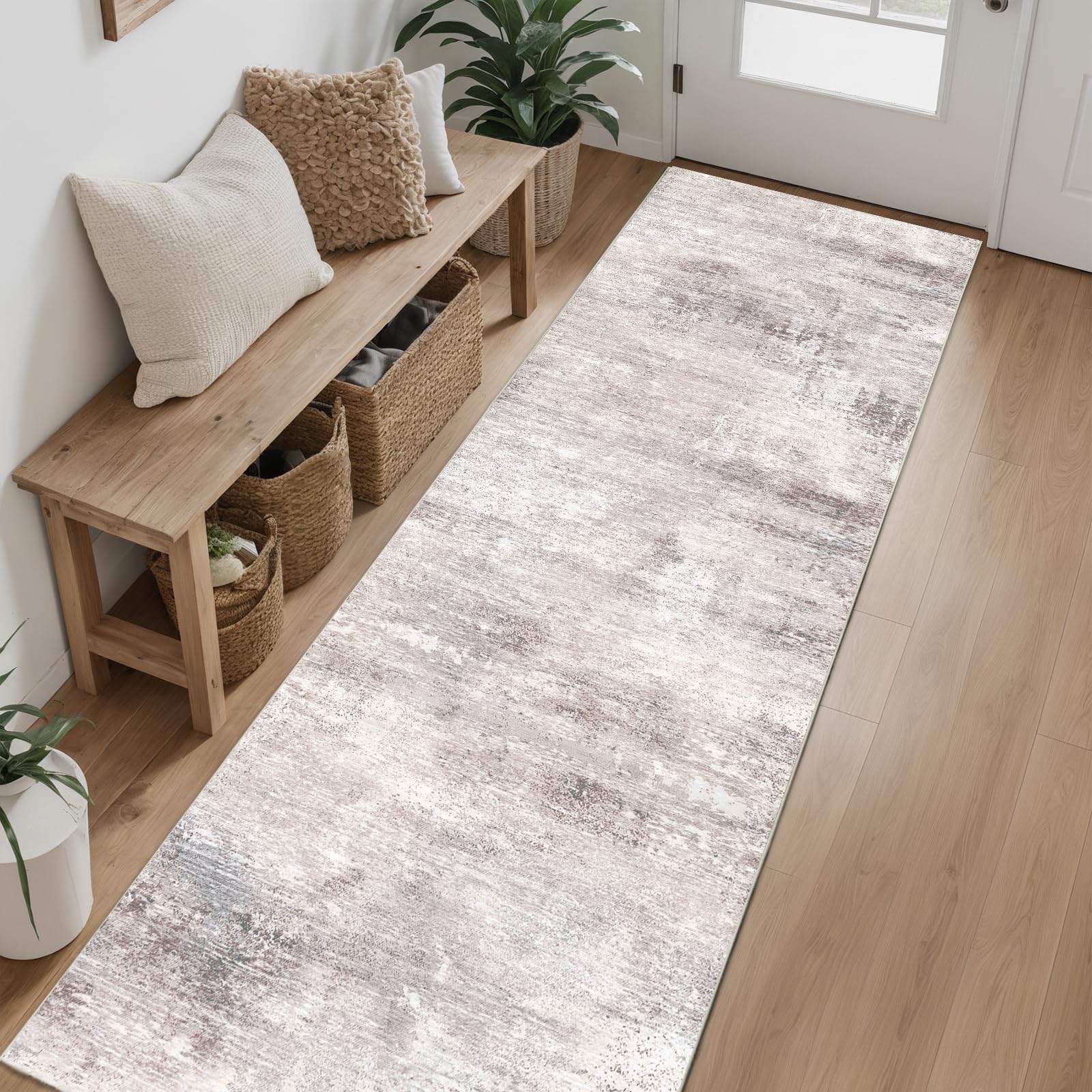 Tapis de couloir antidérapant beige 61 x 243 cm lavable et résistant aux taches