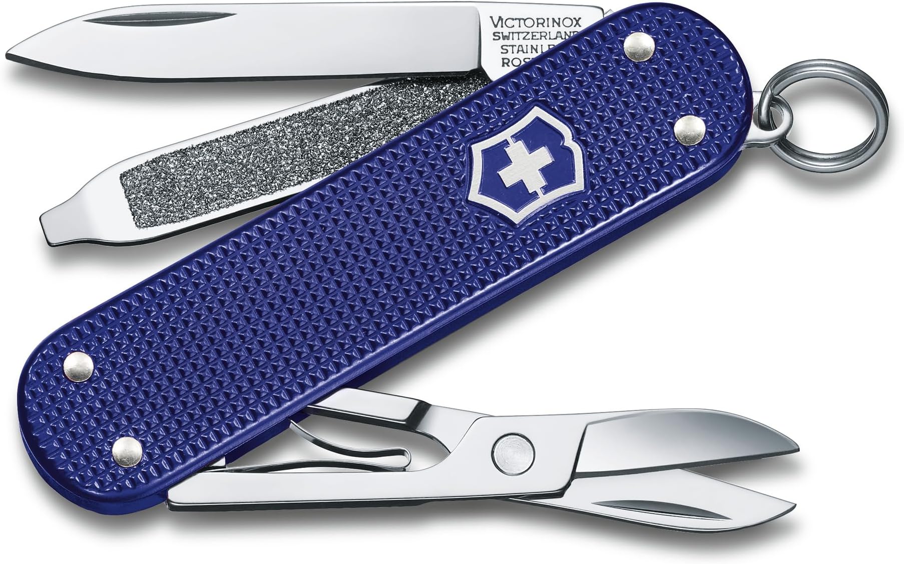 Classic SD Alox Swiss Army Knife, Compact, 5 Functions, Swiss Made Pocket Knife with Small Blade, Screwdriver and Key Ring - Night Dive (Blue)