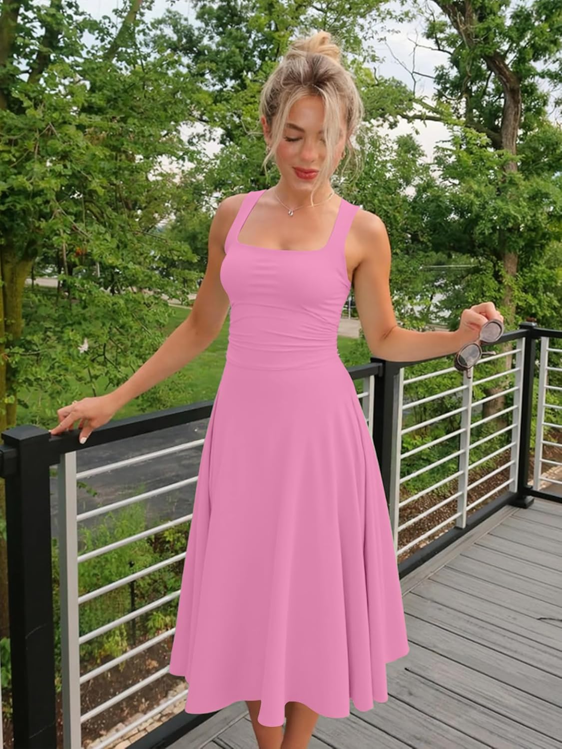 Kaximil Women's Square Neck Corset A Line Maxi Dress Ruffle Ruched Waist Flowy Long Dresses - Image 4