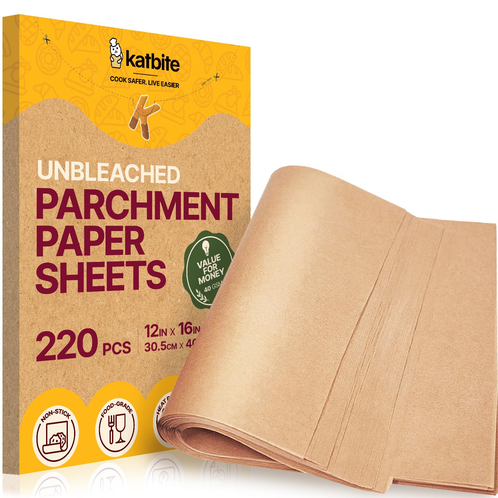 Katbite 12x16 Inch Parchment Paper Sheets 220PCS, Unbleached Non-Stick