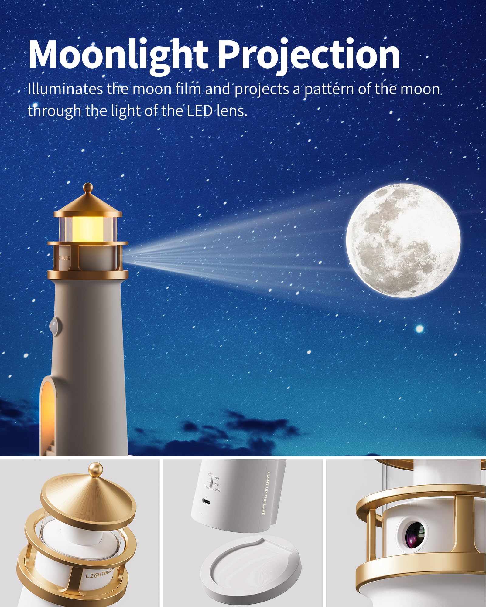 NEWSEE Moon Lamp Set of 2, Lighthouse Night Lights with Full Moon Projector, Cordless Motion Sensor Moon Lighthouse Lamp, Rechargable Battery Powered Lamps for Kids, Boys, Girls, Gift, Decor, 9.6 inch