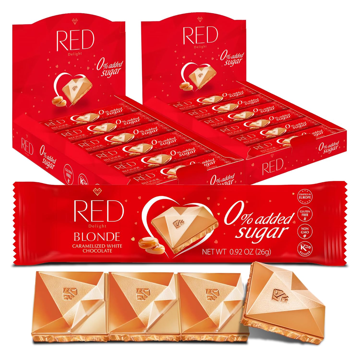 Red Delight Blond Caramelized Chocolate Snack Bars - Pack of 24 Diamond-Shaped White Chocolates (22.08oz) with Rich Caramelized Flavor - European-Style White Chocolates - Kosher Sweets No Added Sugar