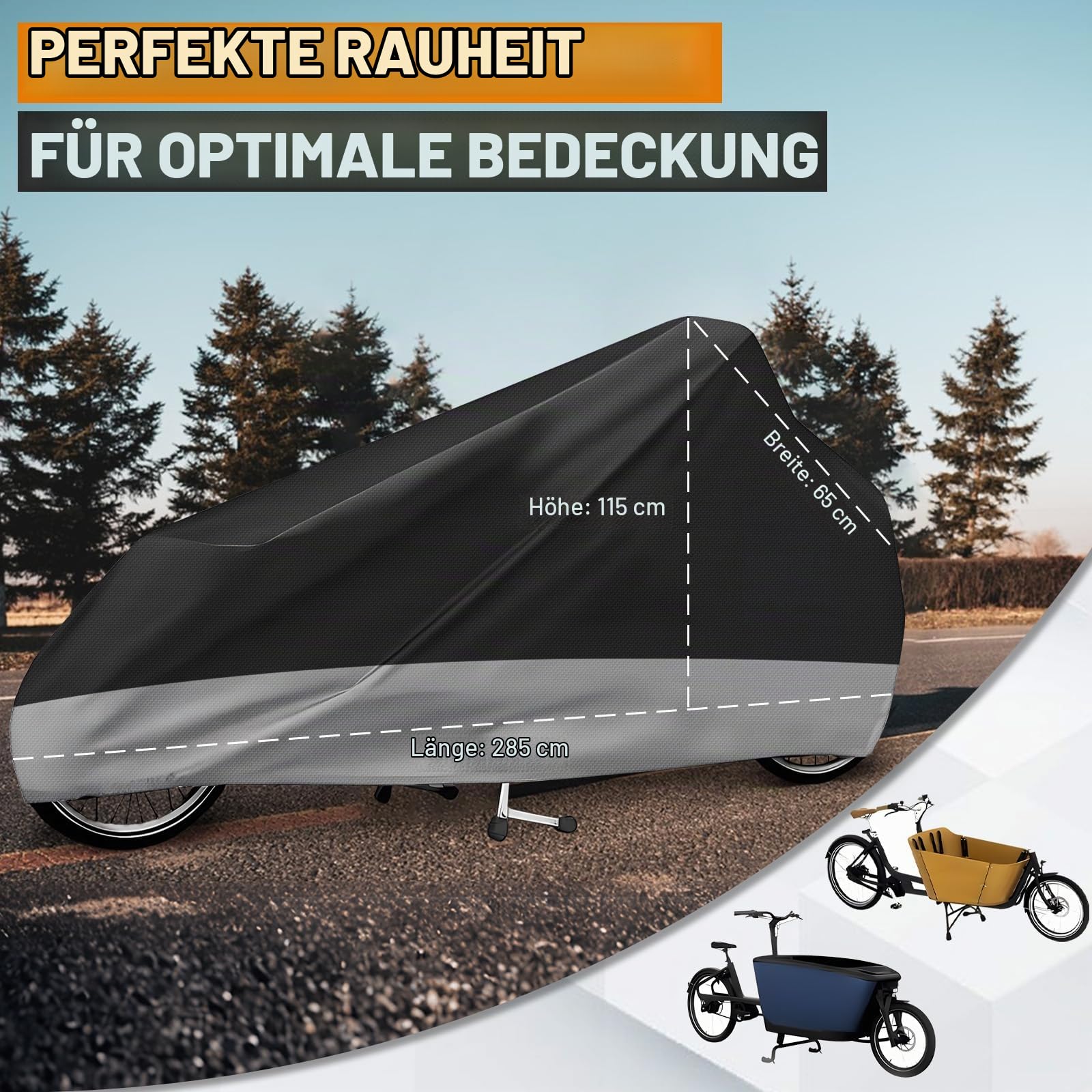 Lastenfahrrad Abdeckung, Cargo Bike Schutzhülle, Fahrradabdeckung wasserdicht aus 420D Oxford-Gewebe für einspurige Lastenräder, Regensichere, UV-beständige und reißfeste, 285x65x115 cm