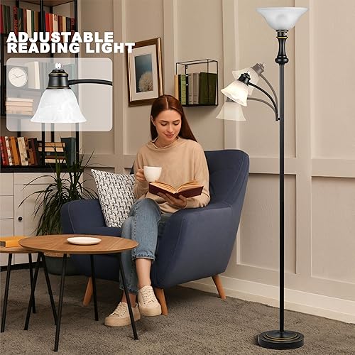 Miniatura 3 de Lámpara de pie Torchiere de 71 pulgadas para dormitorio con pantalla de cristal, lámparas de pie altas para sala de estar con luz de lectura de arco
