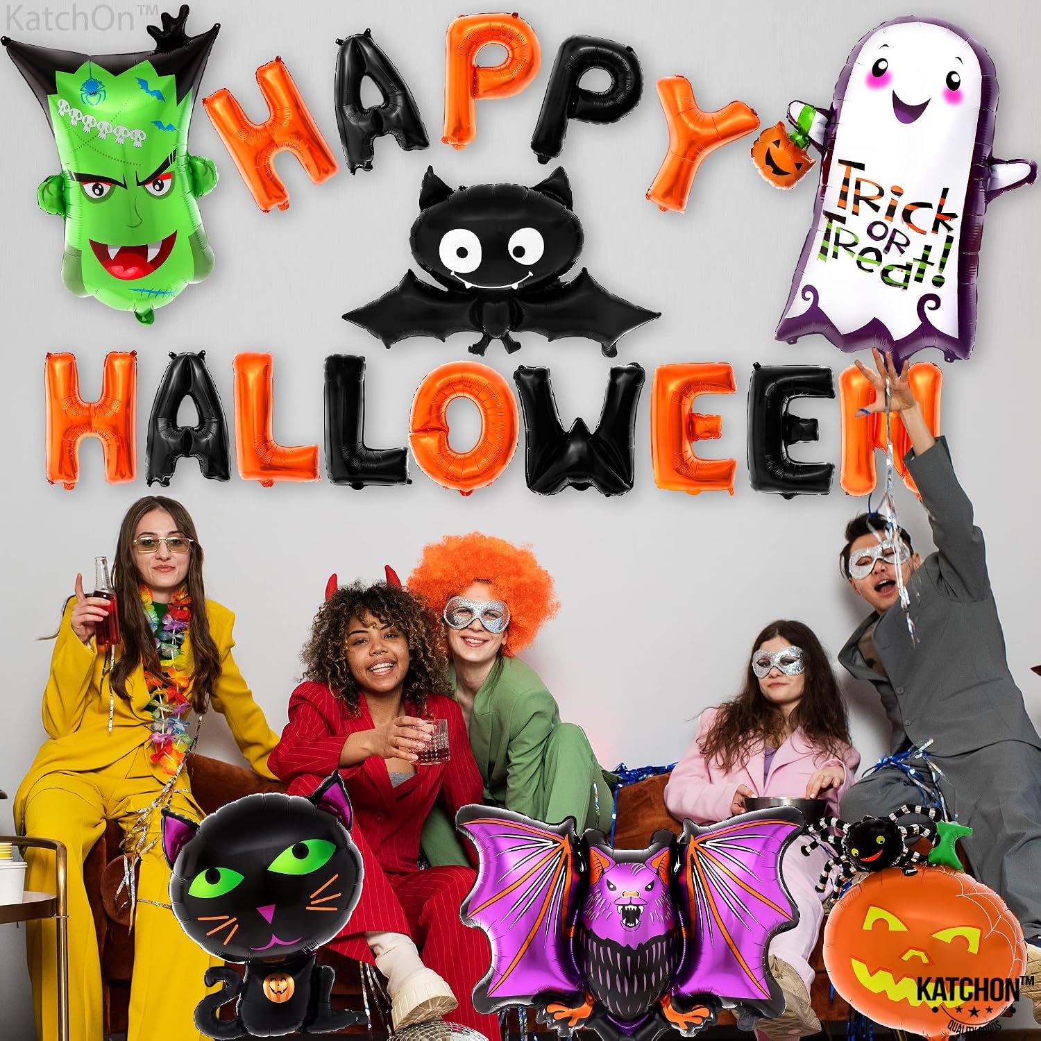 KatchOn, Happy Halloween Balloons Set - Pack of 20 | Purple Bat Balloon, 38 Inch | Halloween Foil Balloons for Halloween Trunk or Treat Car Decorations Kit | Birthday Party Decorations