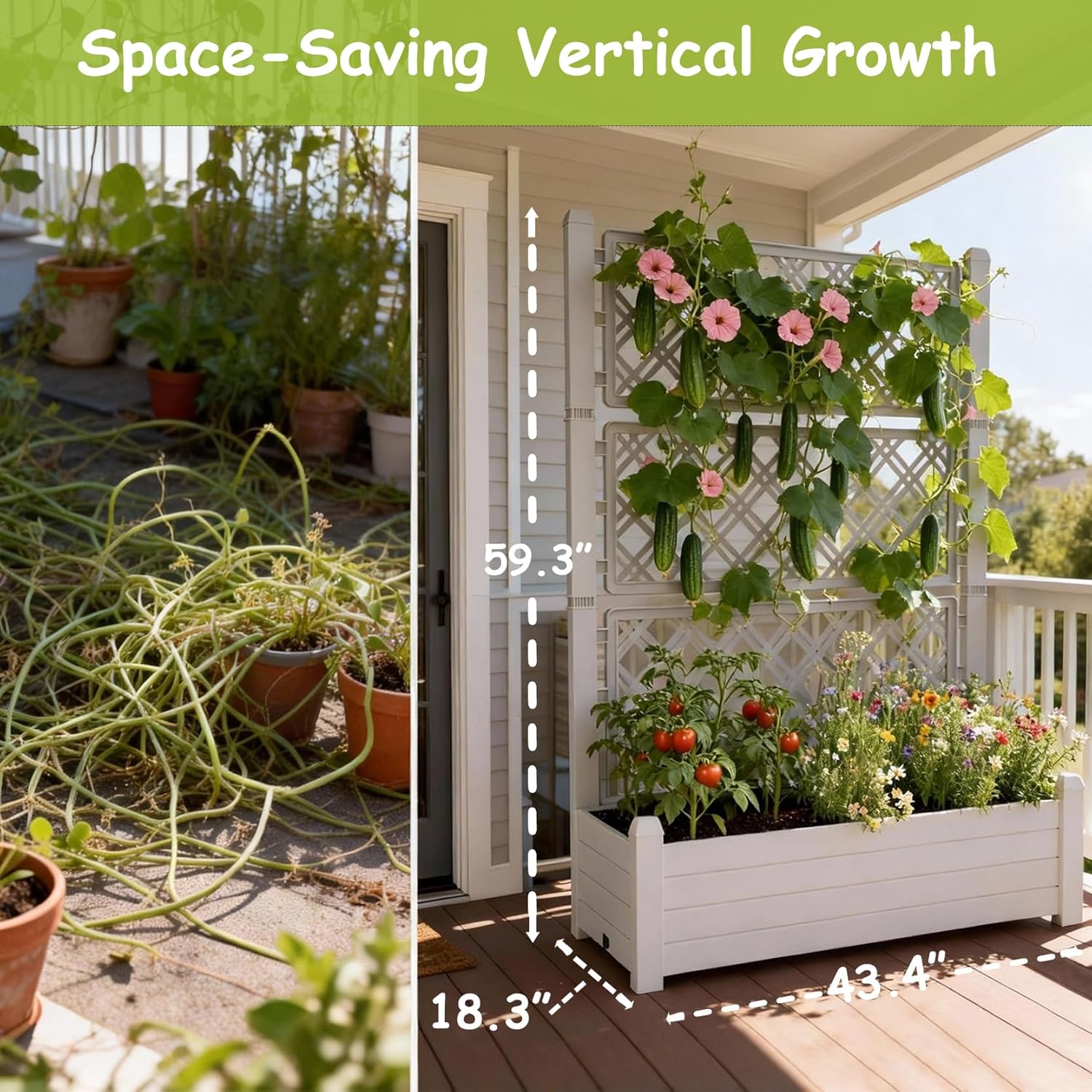 5' Tall Raised Garden Bed with Trellis, Self Watering Planter Box for Outdoor Climbing Plants Resin Garden Lattice for Vegetables, Flowers, Tomato & Vine with Drainage Holes (Ashen, 1 PC)