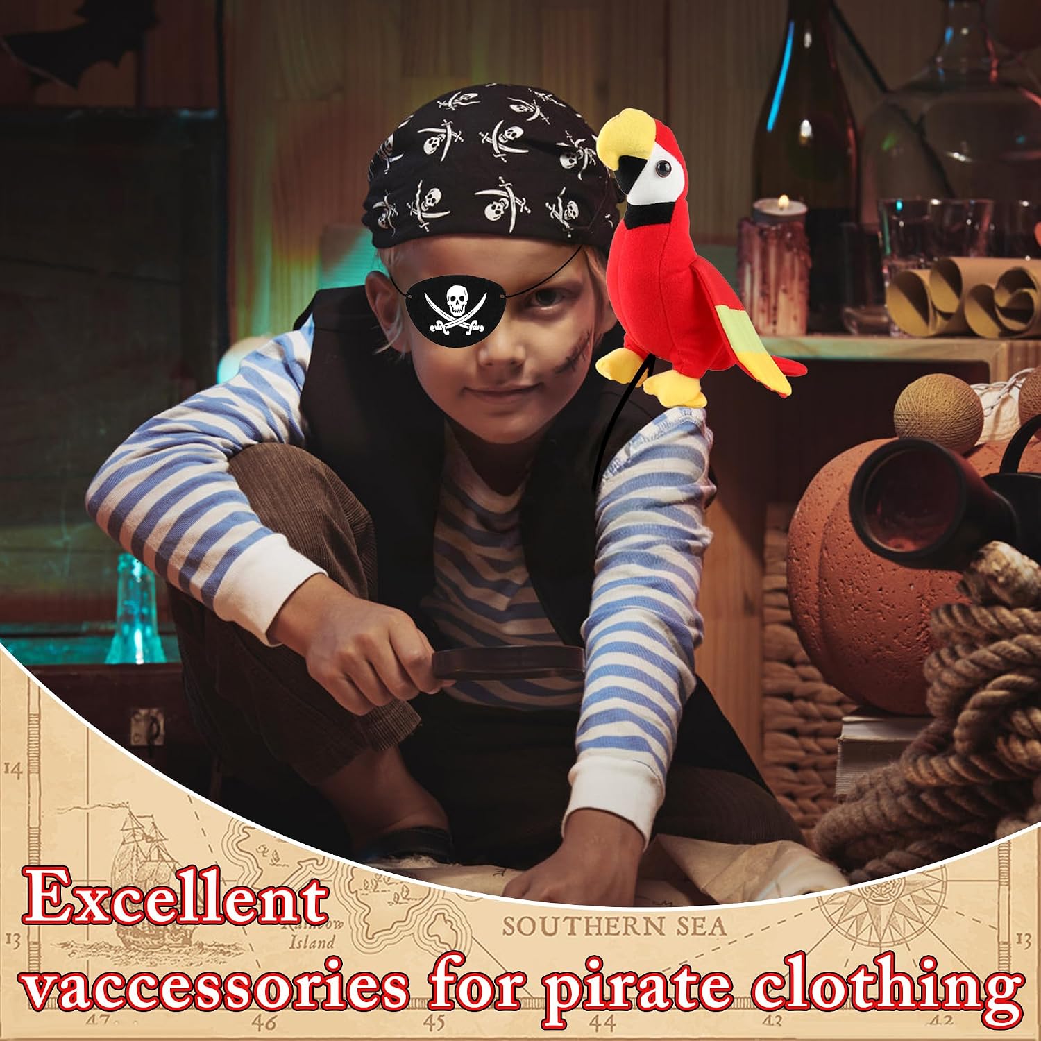D-Fokes 2PCS Pirate Costume Accessories, Red Stuffed Shoulder Parrot & Black Skull Print Eye Patch for Kids and Adults, Halloween Pirate Outfit Cosplay Party Props Dress-Up