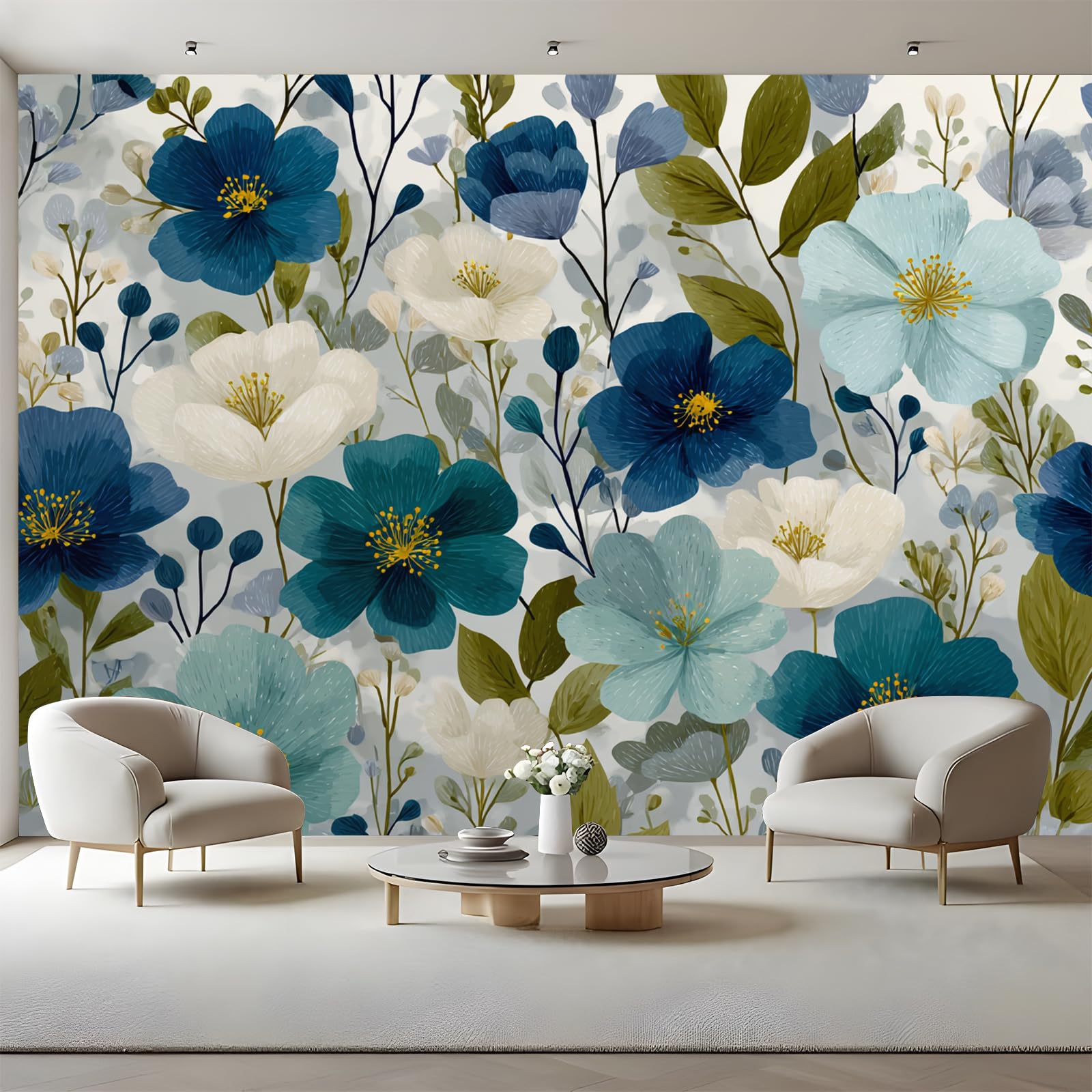 Papier peint botanique bleu marine autocollant grand poster mural floral salon 366x254