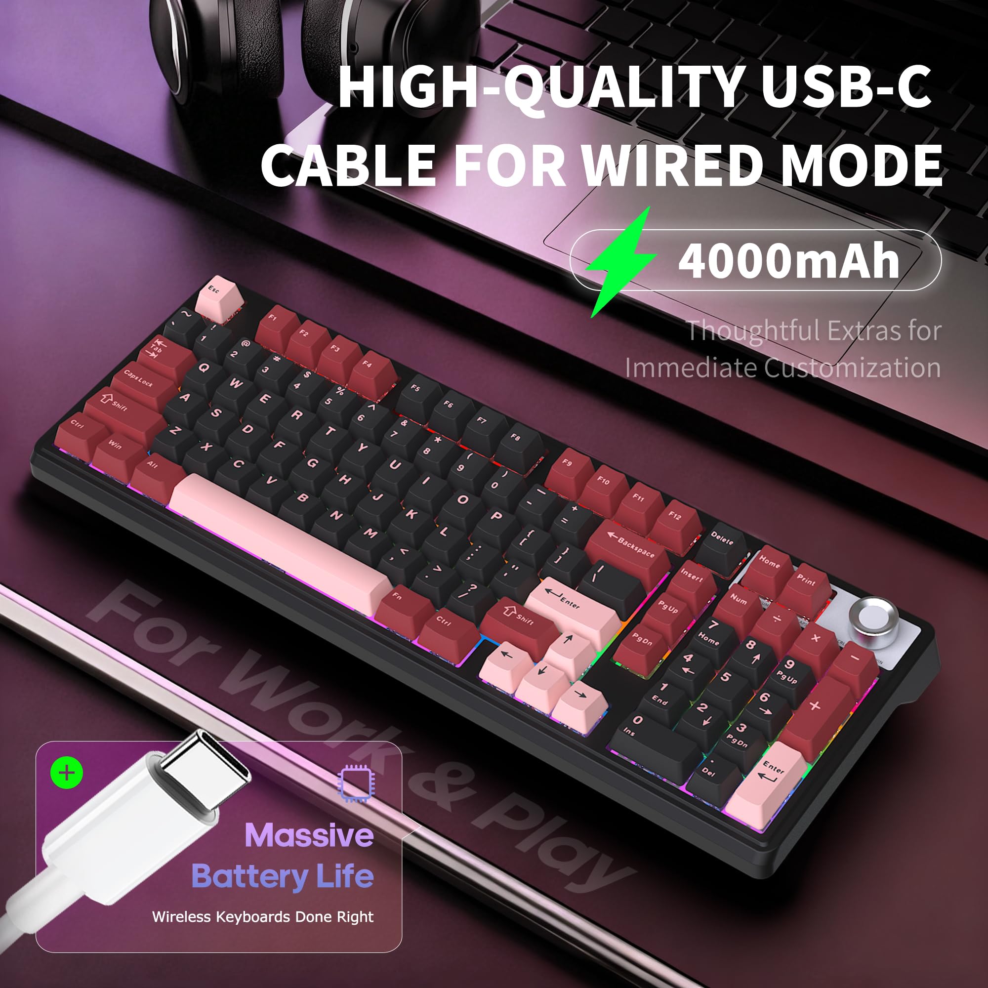 Tastiera meccanica al 98% wireless/cablata per gioco/ufficio, batteria 4000 mAh, Bluetooth 5.0/2.4G/USB-C, tasti in PBT retroilluminati RGB, compatibile con PC Mac, unghie lunghe, sensazione