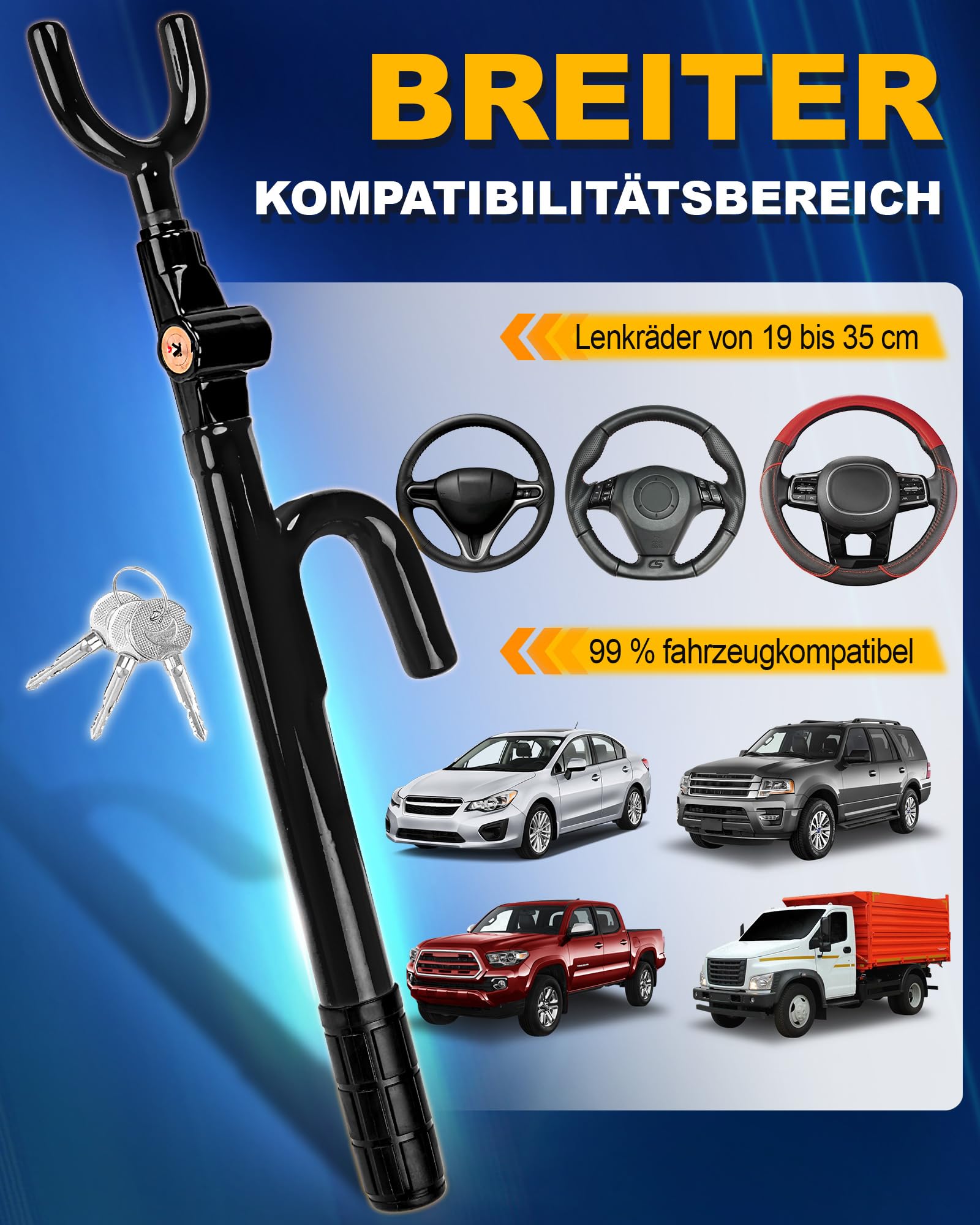 Tevlaphee Lenkradschloss, Auto-Sicherheits-Schloss, Hochwertige Diebstahlsicherung, Hohe Sichtbarkeit, Universelle Passform für Pkw, SUVs & Transporter, Verstellbar, 3 Schlüssel(Schwarz)
