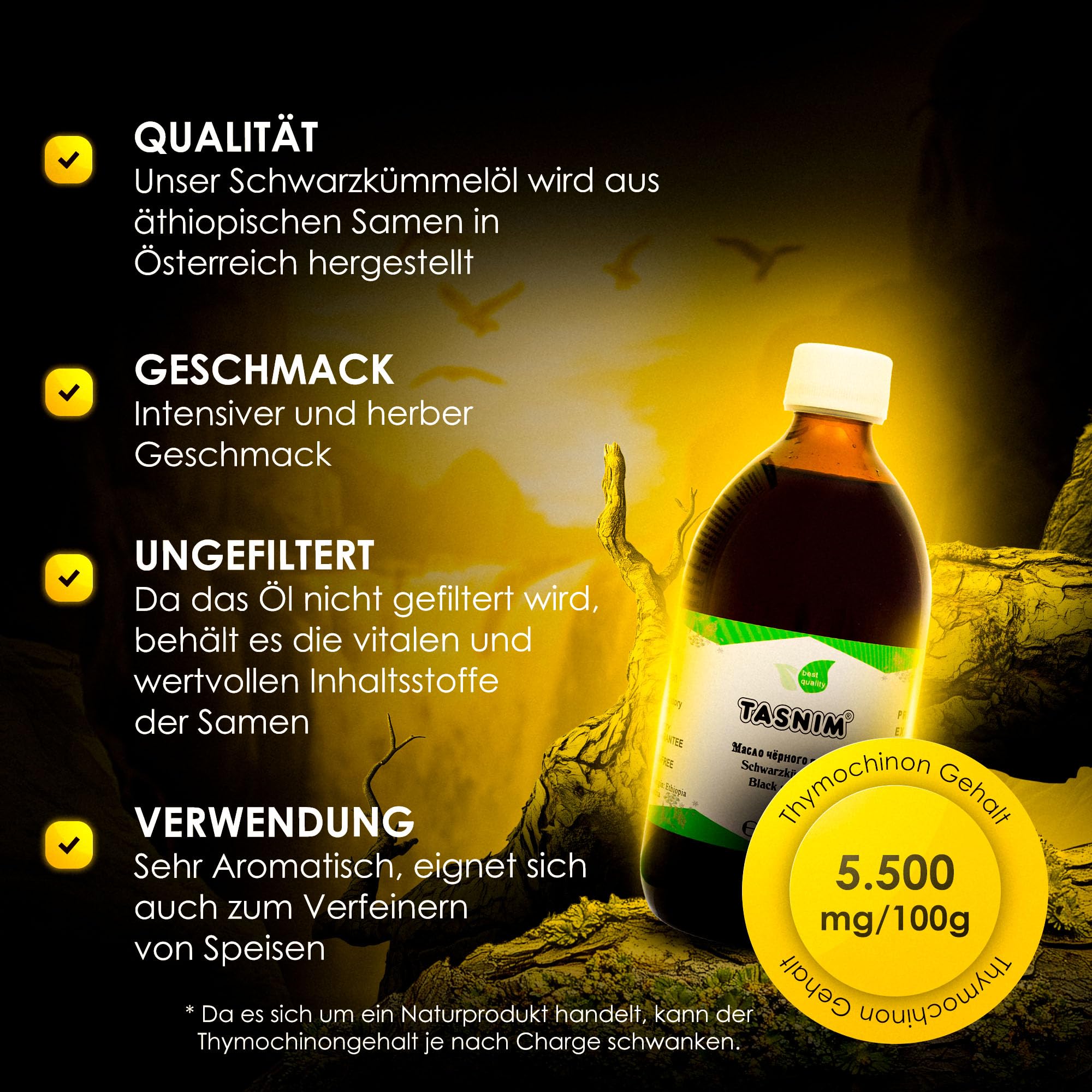 Schwarzkümmelöl Kaltgepresst 500ml, Ungefiltert, Hochwertig, Naturrein Ohne Zusatzstoffe, Äthiopisches Nigella Sativa Öl mit Hohem Thymoquinon, Mühlenfrisch, Vegan