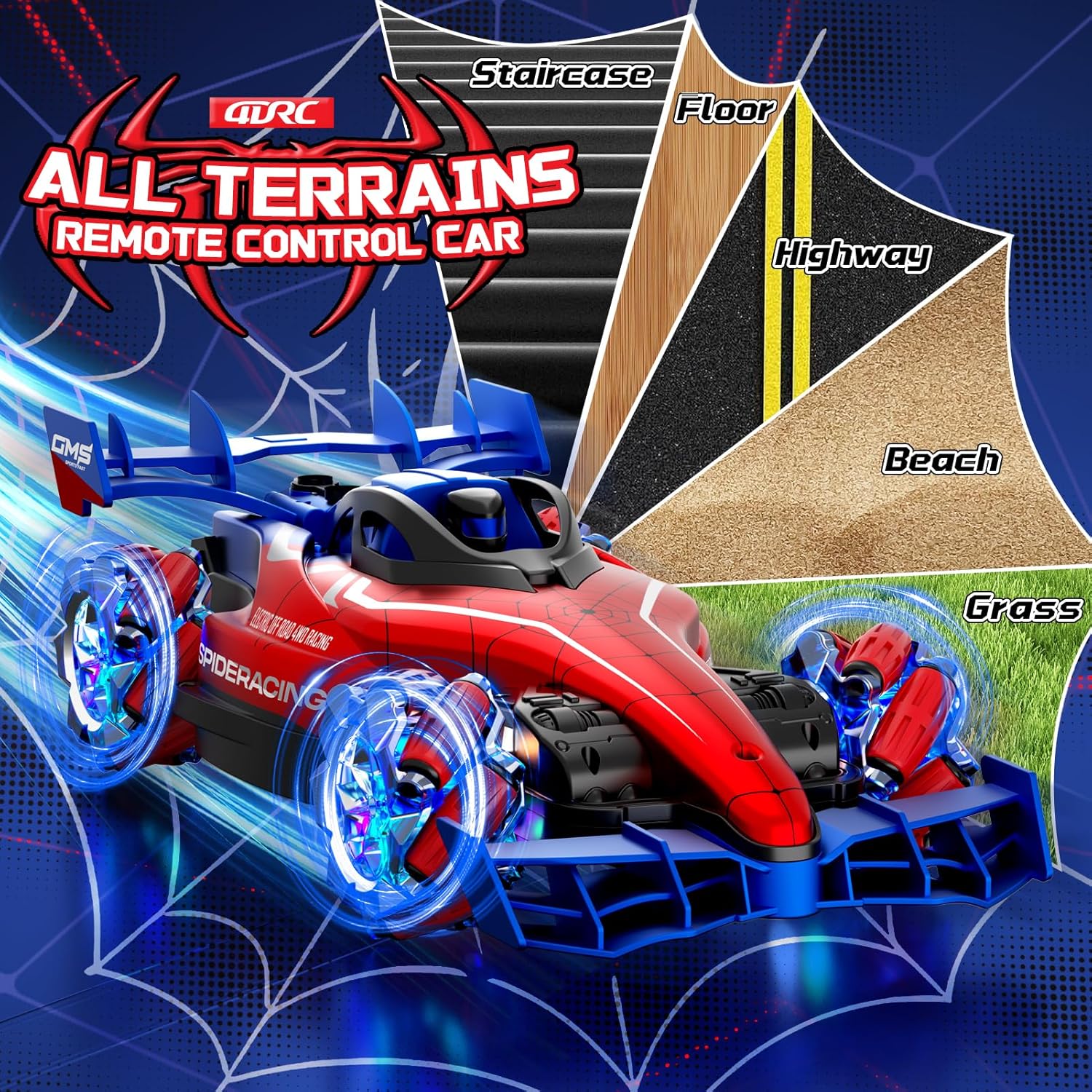 The 4DRC Y2 Spider Stunt Remote Control Car with its lights illuminated and music notes floating around it, indicating its light and sound features.