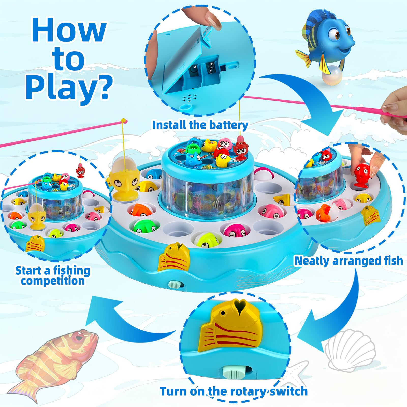 Angelspiel Spielzeug ab 2 Jahre,Montessori Magnetische Angelspiel mit Musik und Lichter,Fische Angeln Kinderspiele,26Fische und 4 Angelruten,Lernspielzeug Motorikspielzeug Geschenke für Kinder - 5