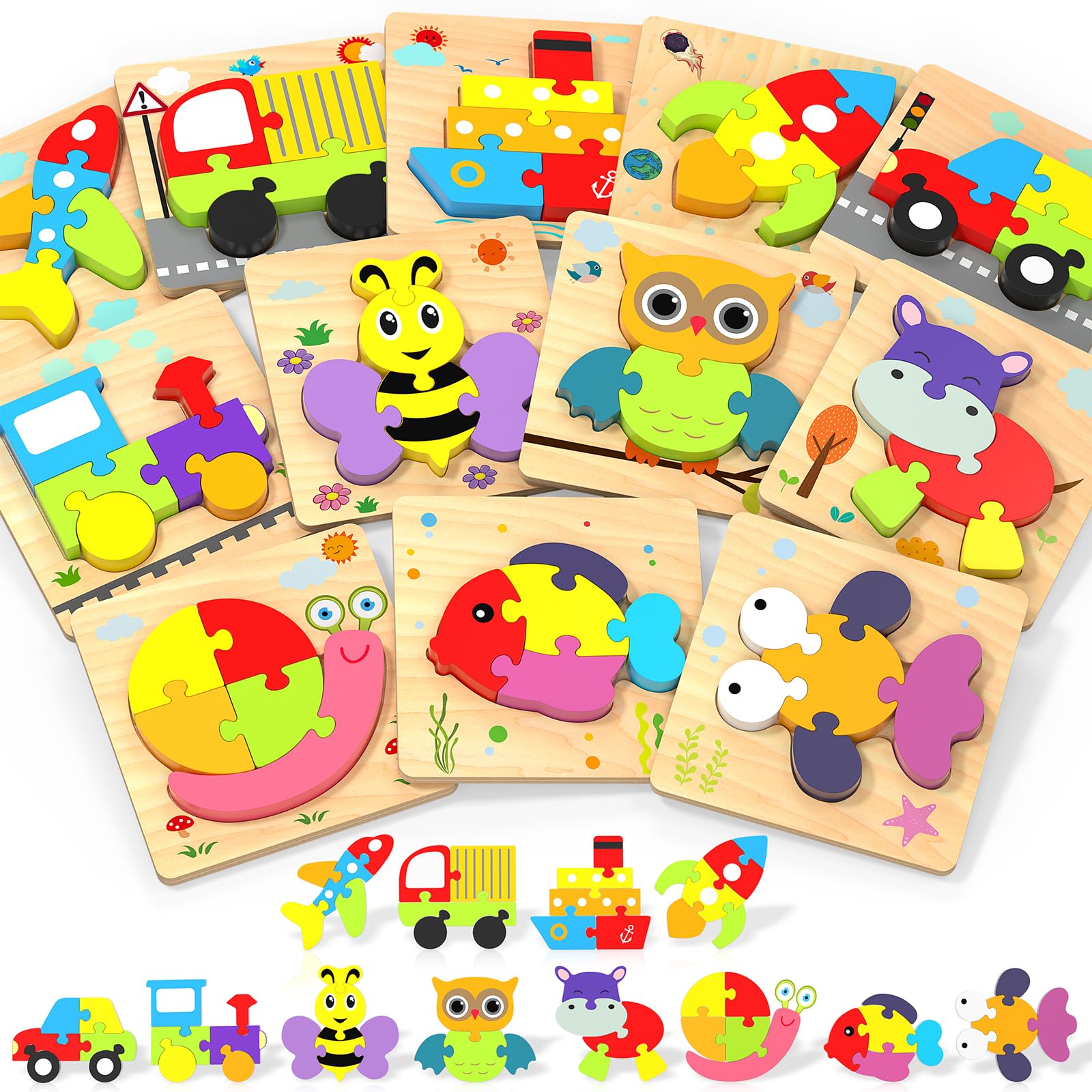 Wooden Puzzles Toddler Toys for Boys Girls, 12 Vehicle Shape Learning Educational Blocks Birthday Gifts Sensory Toy Montessori Toys