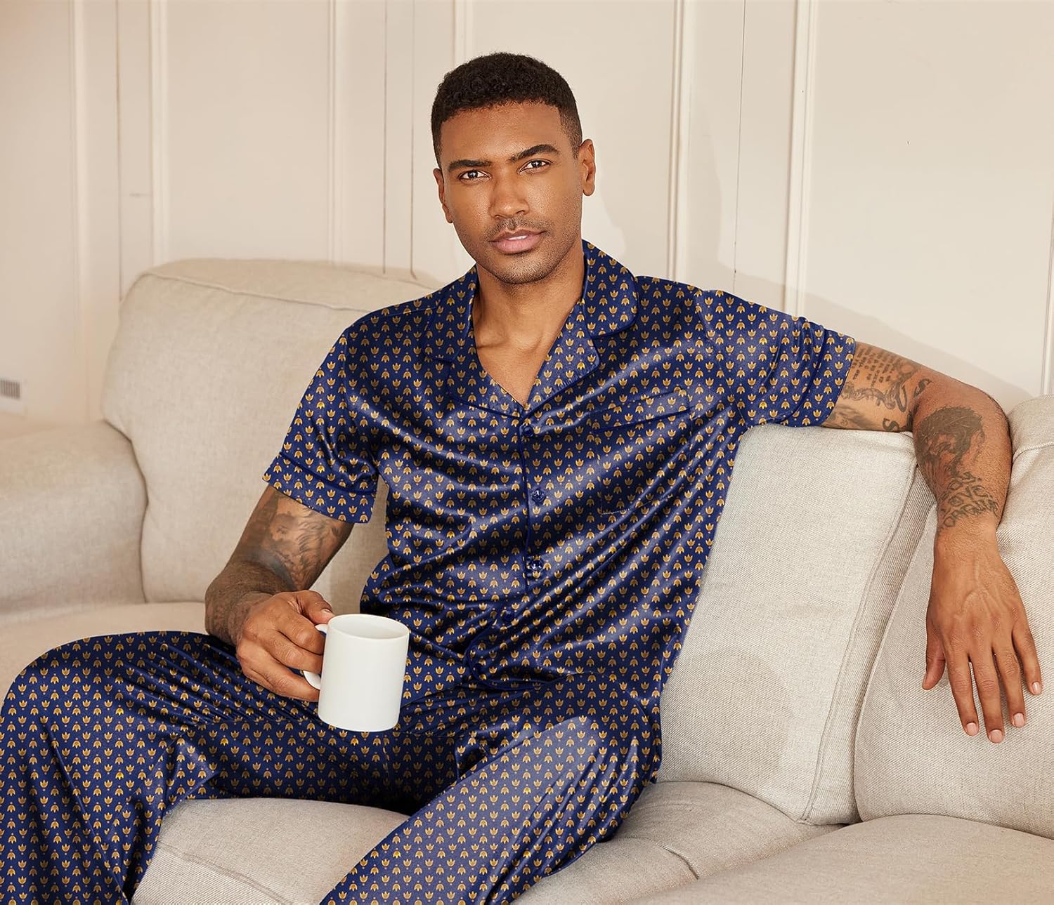 Ekouaer Mens Satin Pajama Set Short Sleeve Button Down Sleepwear Classic Loungewear Set with Long Pants - Image 6