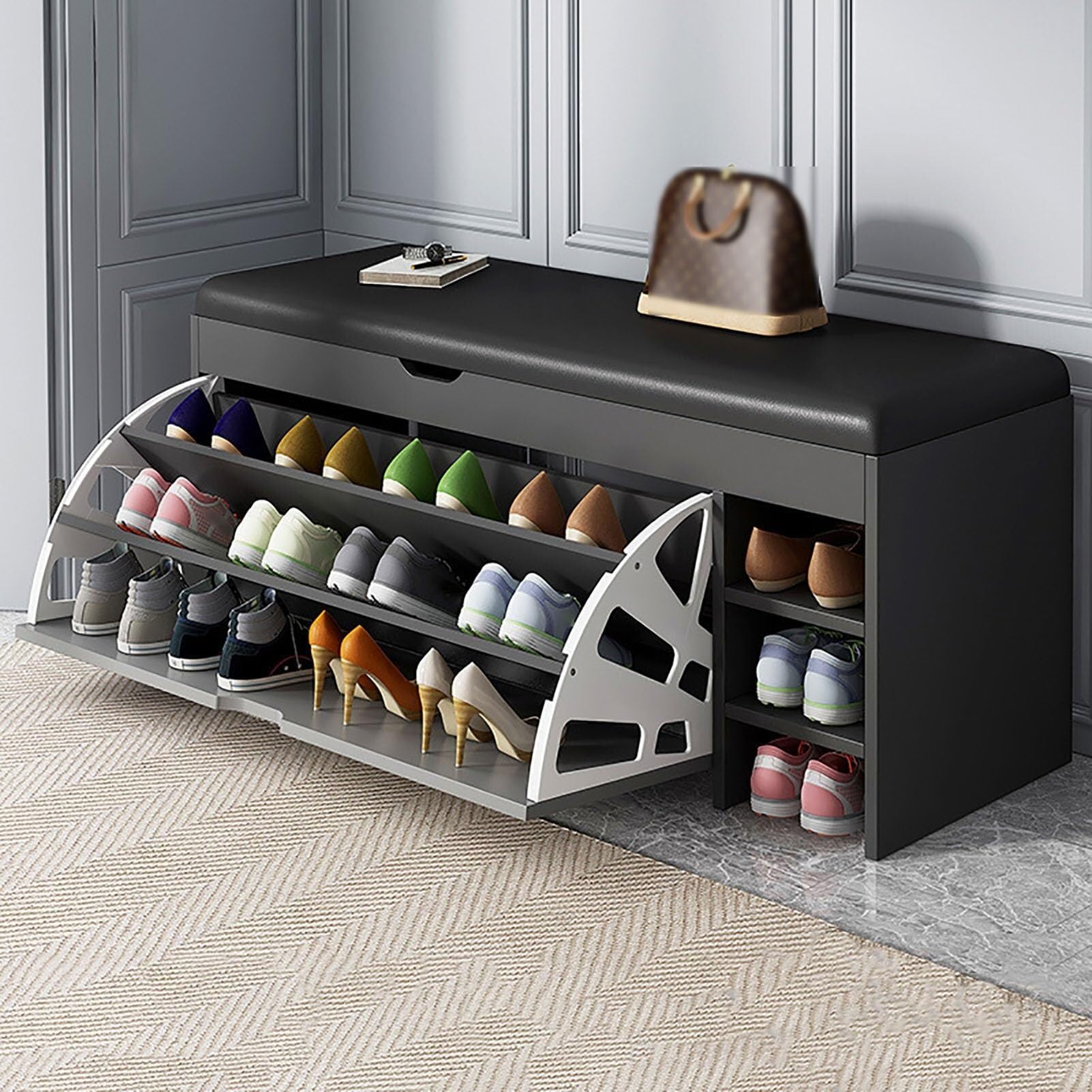 Banc à chaussures d'entrée gris avec meuble de rangement en bois