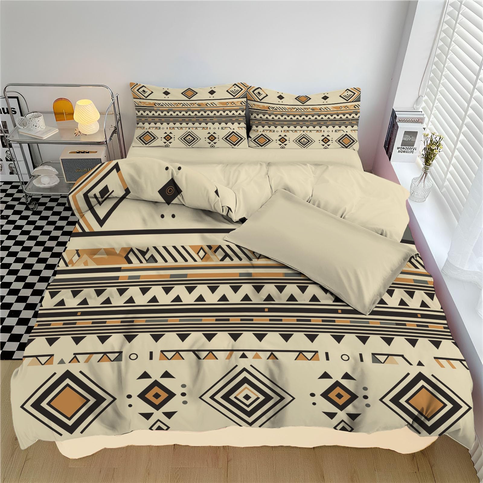 Parure de lit 220x240 moderne microfibre motif géométrique tribal avec taies 65x65 cm