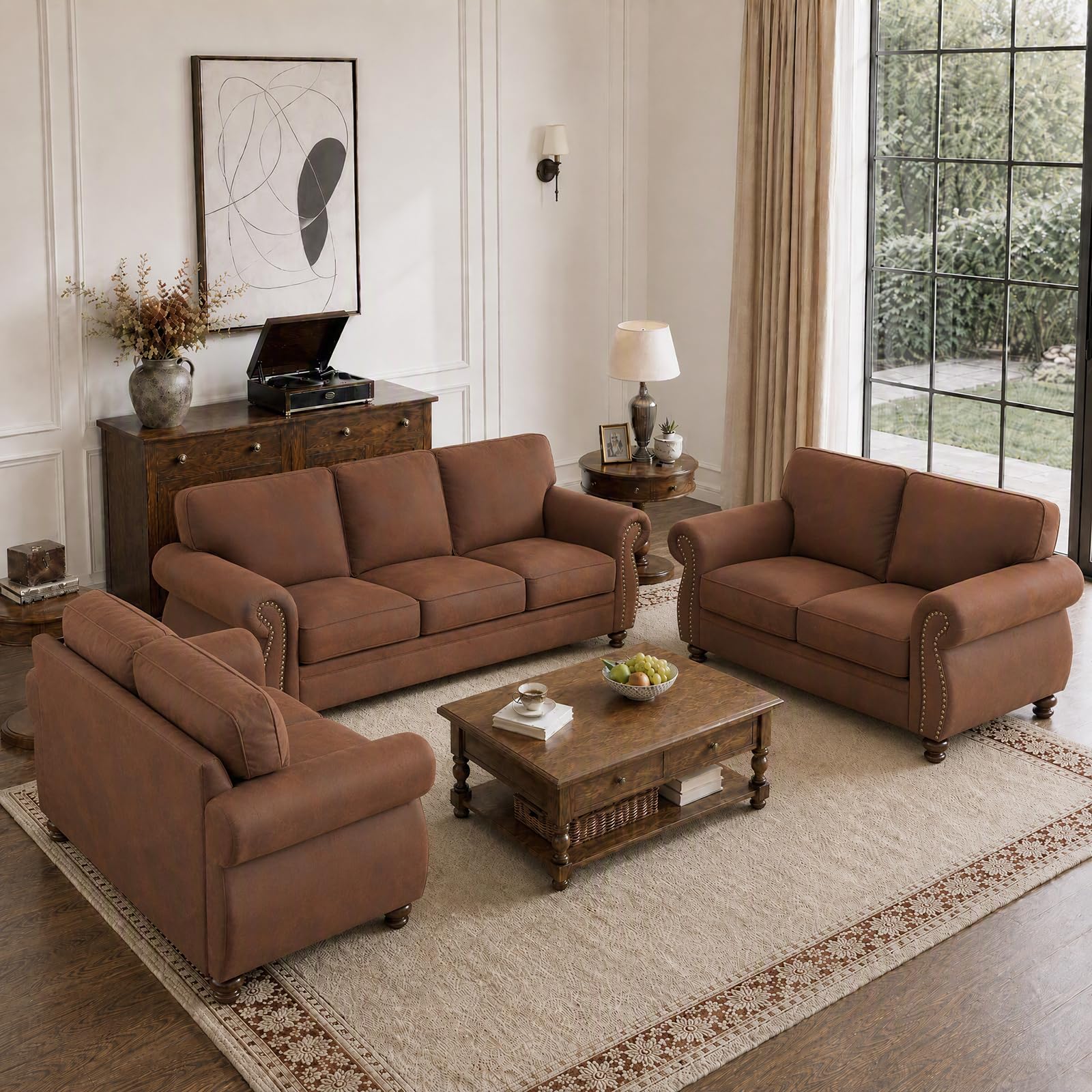 Couchus 88"W Living Room Furniture Sets, 3-Seater&amp;2 Loveseat, Caramel Rust