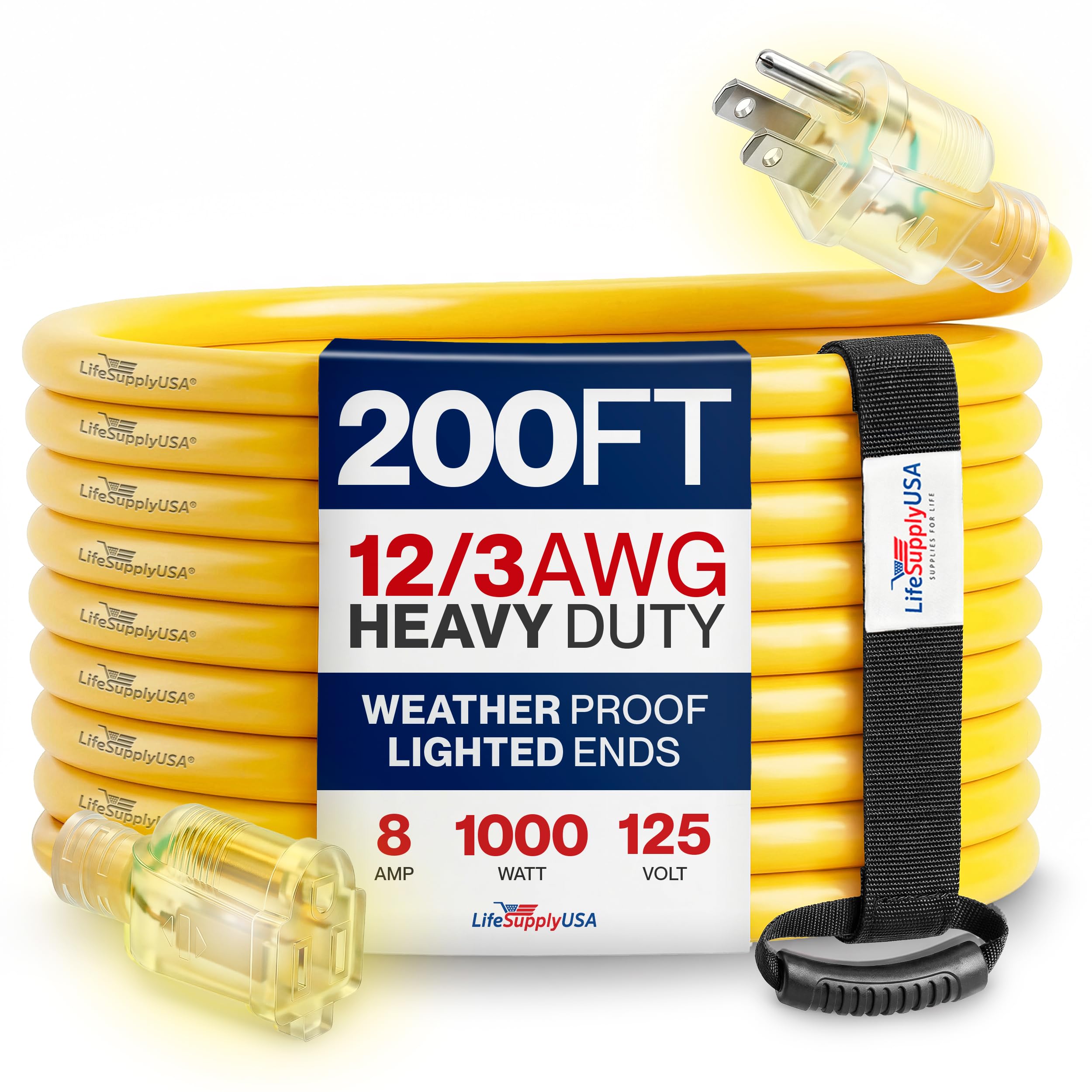 LifeSupplyUSA - Cable de extensión de alimentación de 200 pies para exteriores e interiores, cable de caída eléctrico impermeable, 3 clavijas, calibre 12, 8 amperios, 125 voltios, 1000 vatios, 12/3