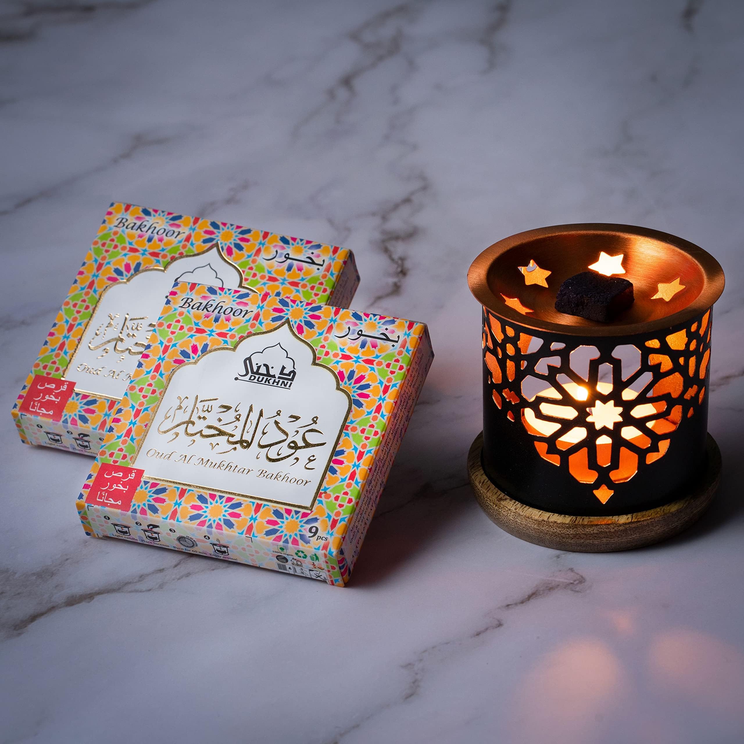 Oud Al Mukhtar Bakhoor عود المختار بخور Set of 2 Boxes & Oriental Exotic Bakhoor Burner by Dukhni. 9 Pieces of Bakhoor in Each Box. Authentic Arabic Scents. Perfect for Prayer, Meditation, Relaxation