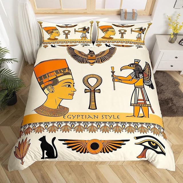 Feelyou Ancient Egypt Motif Couverture de couettes Egypte Culture Ensemble de literie pour les enfants Femmes Hommes Style égyptien Consolateur Couverture jaune Brown Tribal Design Couverture 3Pcs Taille de la reine de fermeture éclair