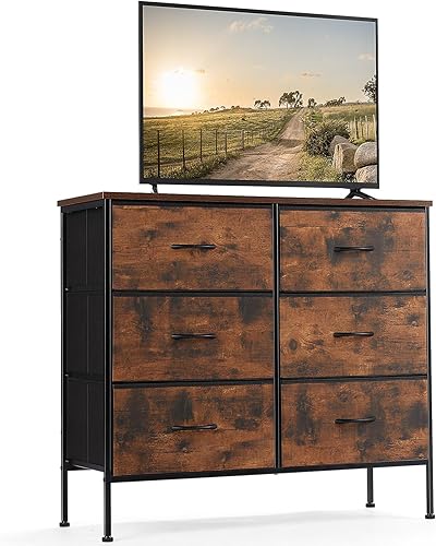 Vista 196 de DUMOS Cómoda para dormitorio, 4 cajones, organizador de cofres altos de tela, muebles de torre con marco de metal superior de madera para sala