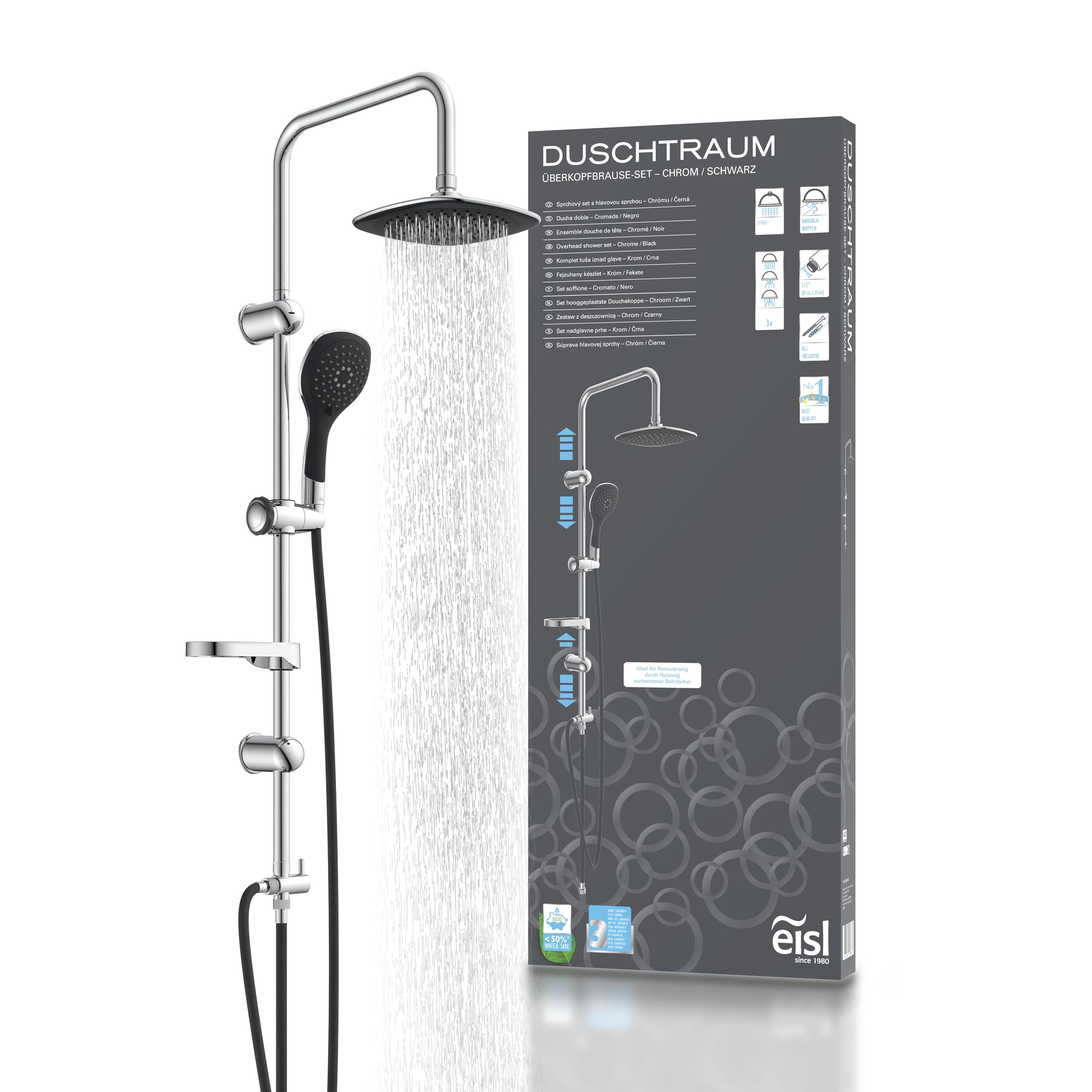 Colonne douche à effet pluie EISL DXLD60088CS tête carrée 200 mm avec douchette et support mural chrome noir
