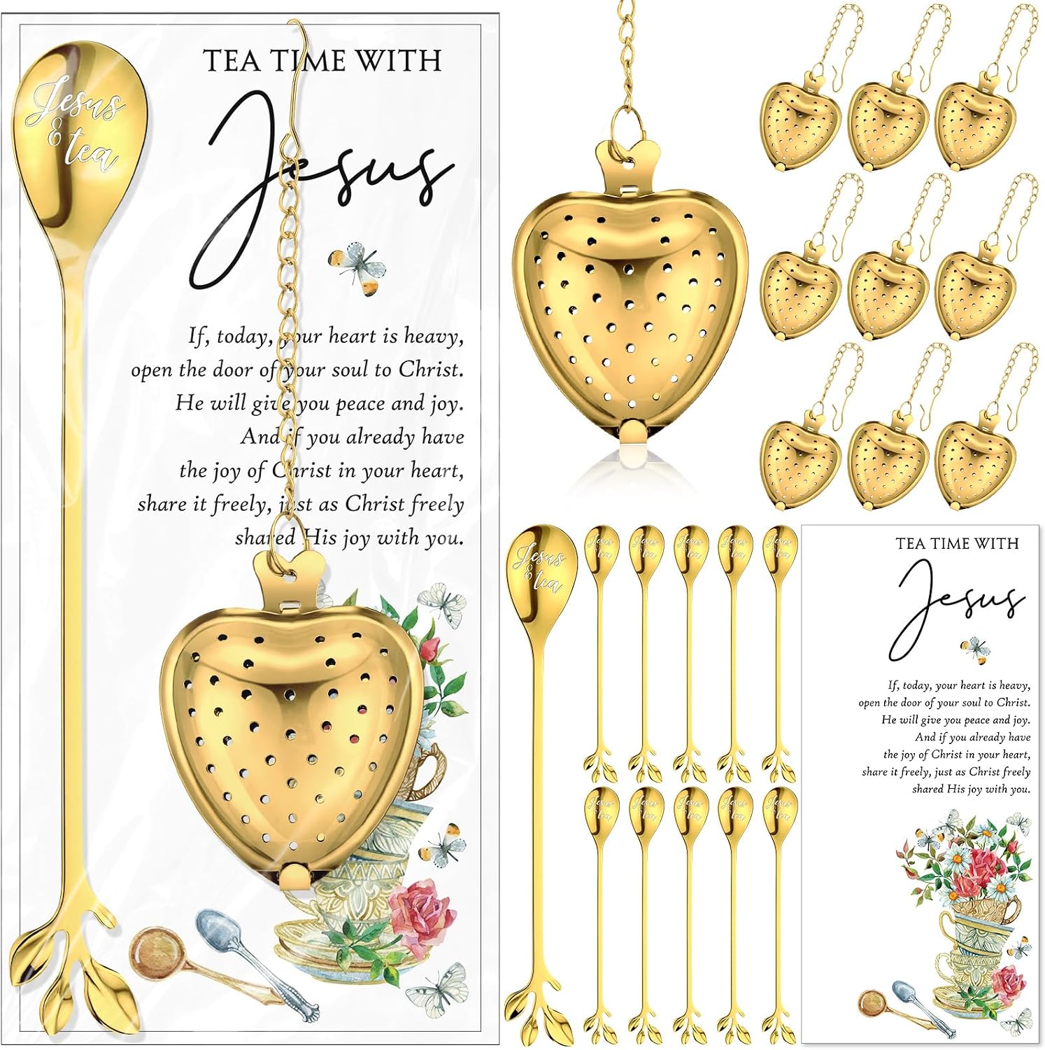 Qinyoung 15 Sets Christian Tea Party Favors for Women Jesus Tea Spoons Heart Shape Infusers with Prayer Cards Bulk for Church Gifts Family Reunion Souvenirs (Silver)