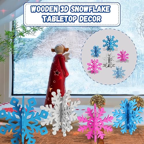 Miniatura 41 de OuMuaMua Juego de 6 decoraciones de mesa de Navidad con copos de nieve – 12 piezas de madera blanca 3D decoración de copo de nieve de mesa