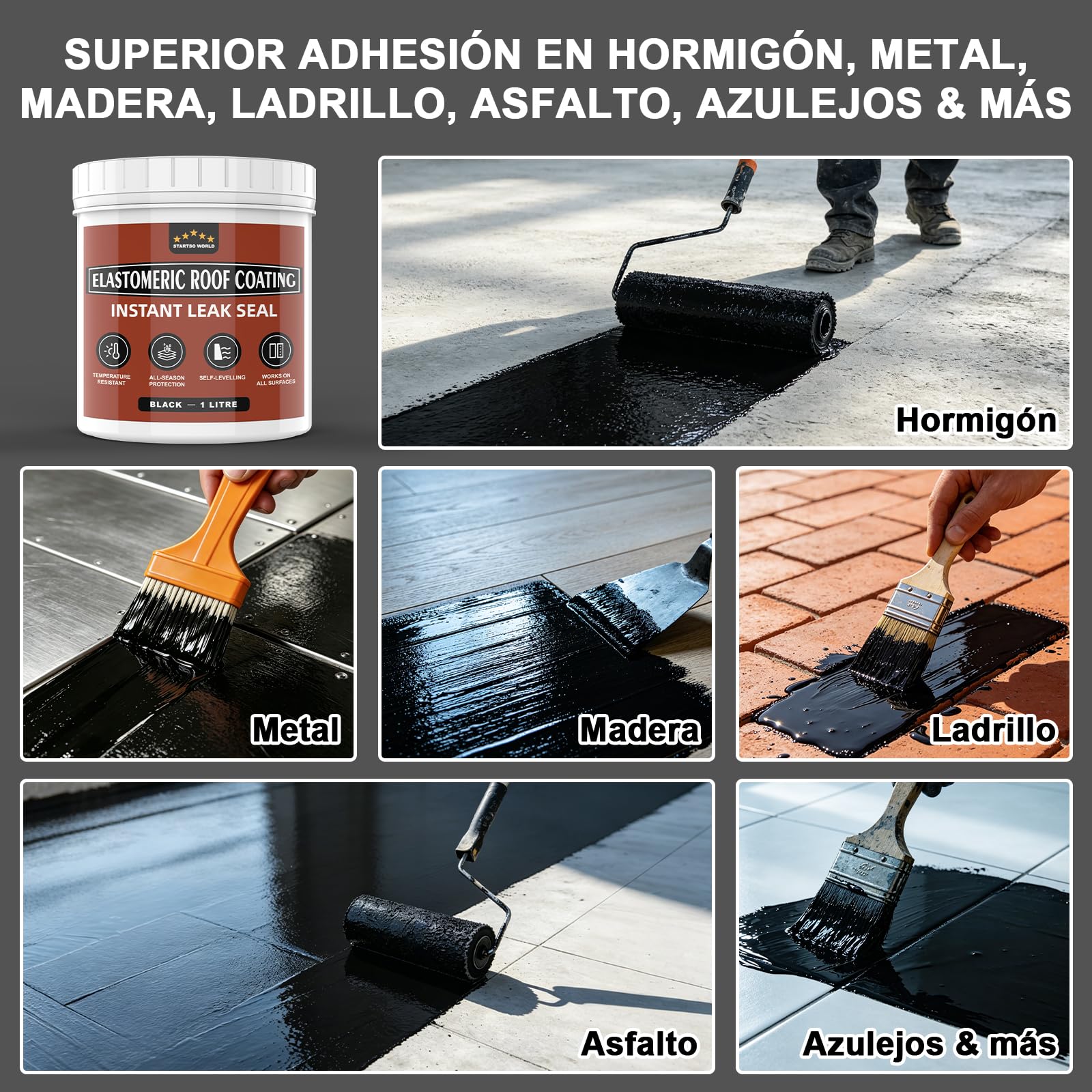 Caucho líquido impermeabilizante 1 L negro – membrana elástica sin imprimación para tejados, revestimiento impermeable para terrazas, canalones, hormigón, madera y metal