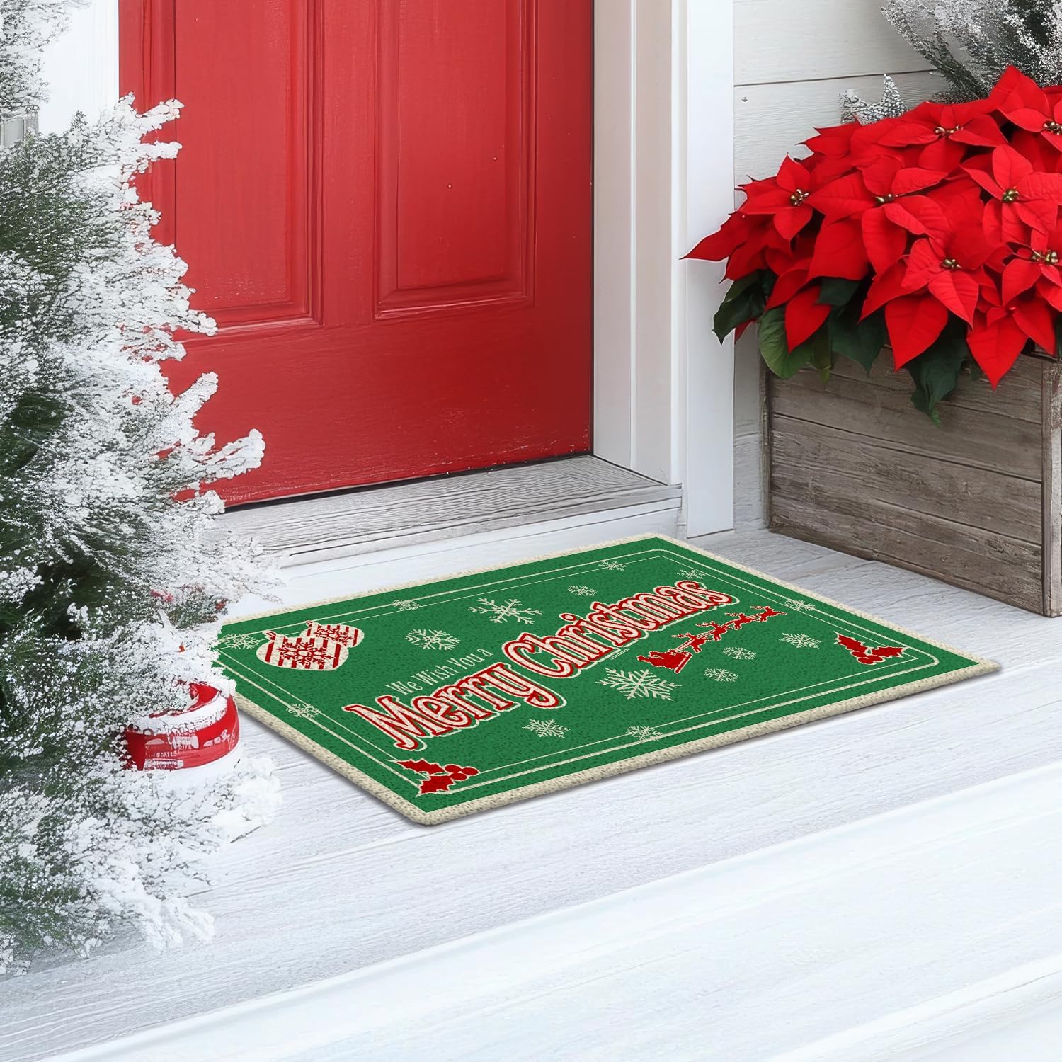 Red and Green Christmas Door Mat, Merry Christmas Santa Sleigh Doormat Indoor Outdoor Entrance, Winter Snowflake Holiday Welcome Mats for Front Door Porch Outside Entryway, 17x30 Inch