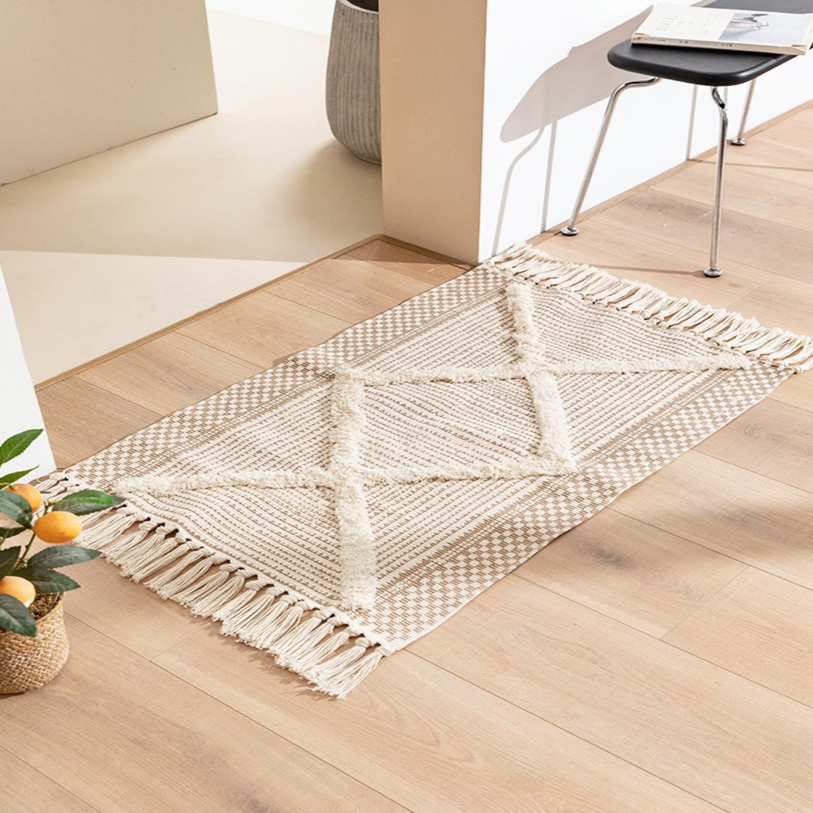 The Seeker Alfombra lavable para dormitorio, alfombra pequeña para sala de estar, alfombra tejida a mano de pelo corto con borlas para dormitorio, cocina, baño, pasillo, lavandería, 60 x 90 cm