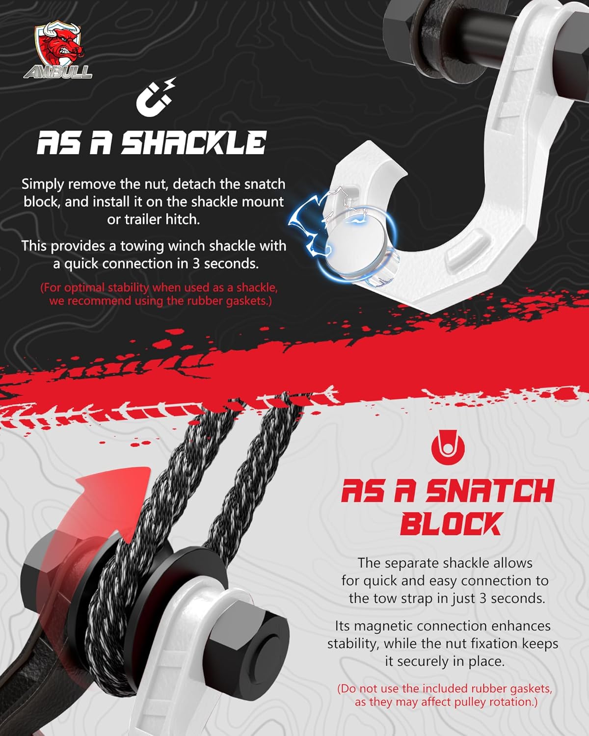 D Ring Separate Shackle with Snatch Block, 3/4" Easy Open Shackles w/Snatch Block Pulley, Heavy Duty Shackle for Towing Winch, Pulley for Off-Road Vehicle Recovery, Truck, ATV, UTV, Blackwhite - Image 4