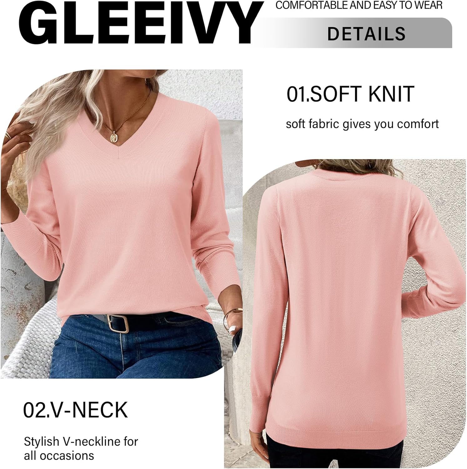 Women's Spring Sweaters 2026 Casual Long Sleeve Pullover V Neck Lightweight Sweatshirts Cute Blouse Tops - Image 3