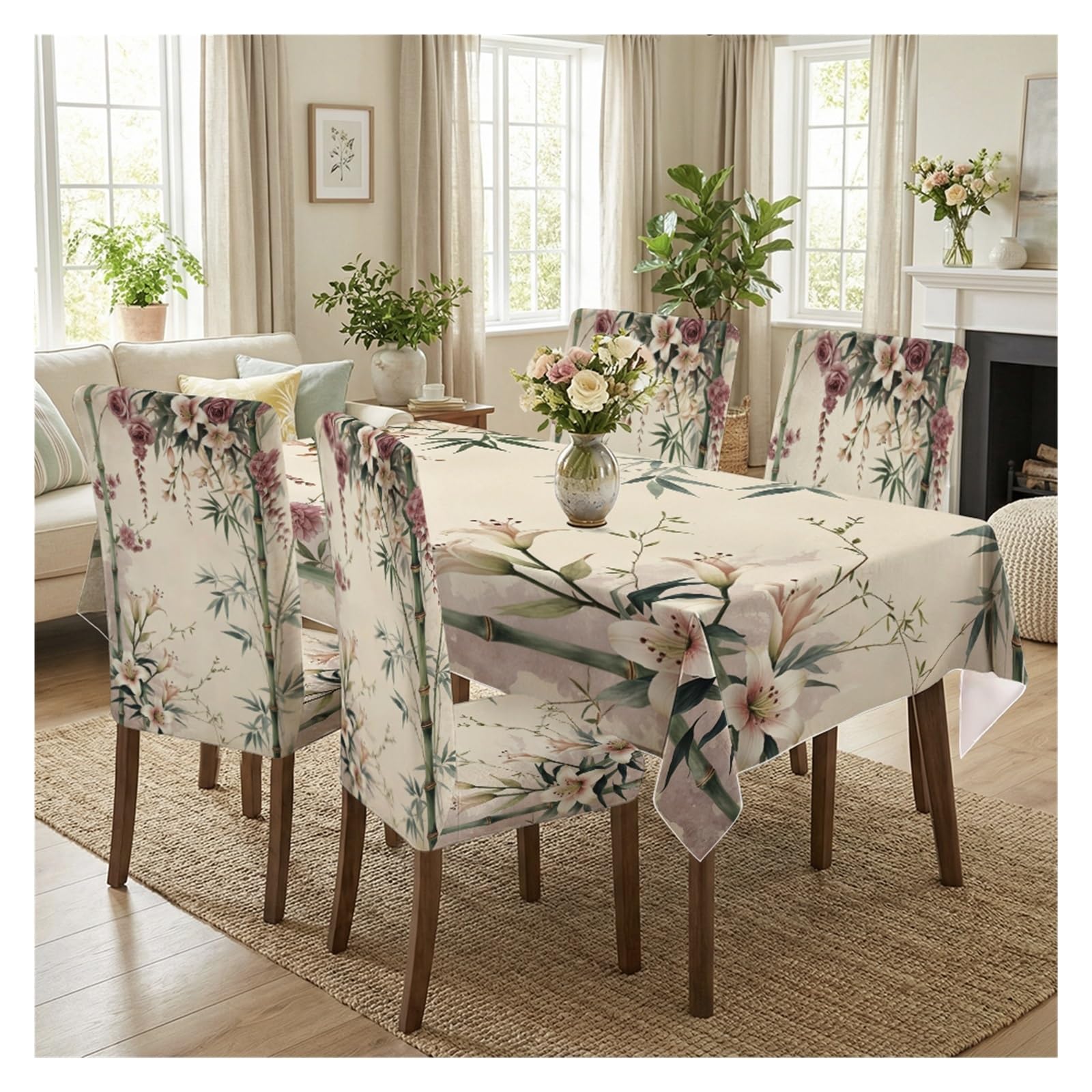 Nappe et housses de chaise bambou rose pour protéger et relooker une table de salle à manger