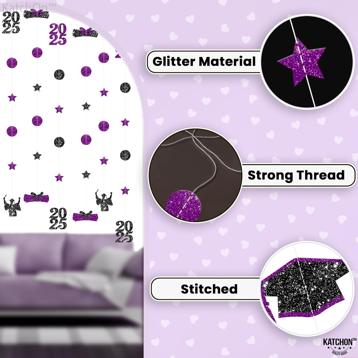 KatchOn, Glitter Grad Cap Garland - No DIY, 9 String, 6.5 Feet | Black and Purple Grad Decor 2025 | Graduation Cap Decorations | Graduation Decorations 2025 | Grad Cap Decorations 2025