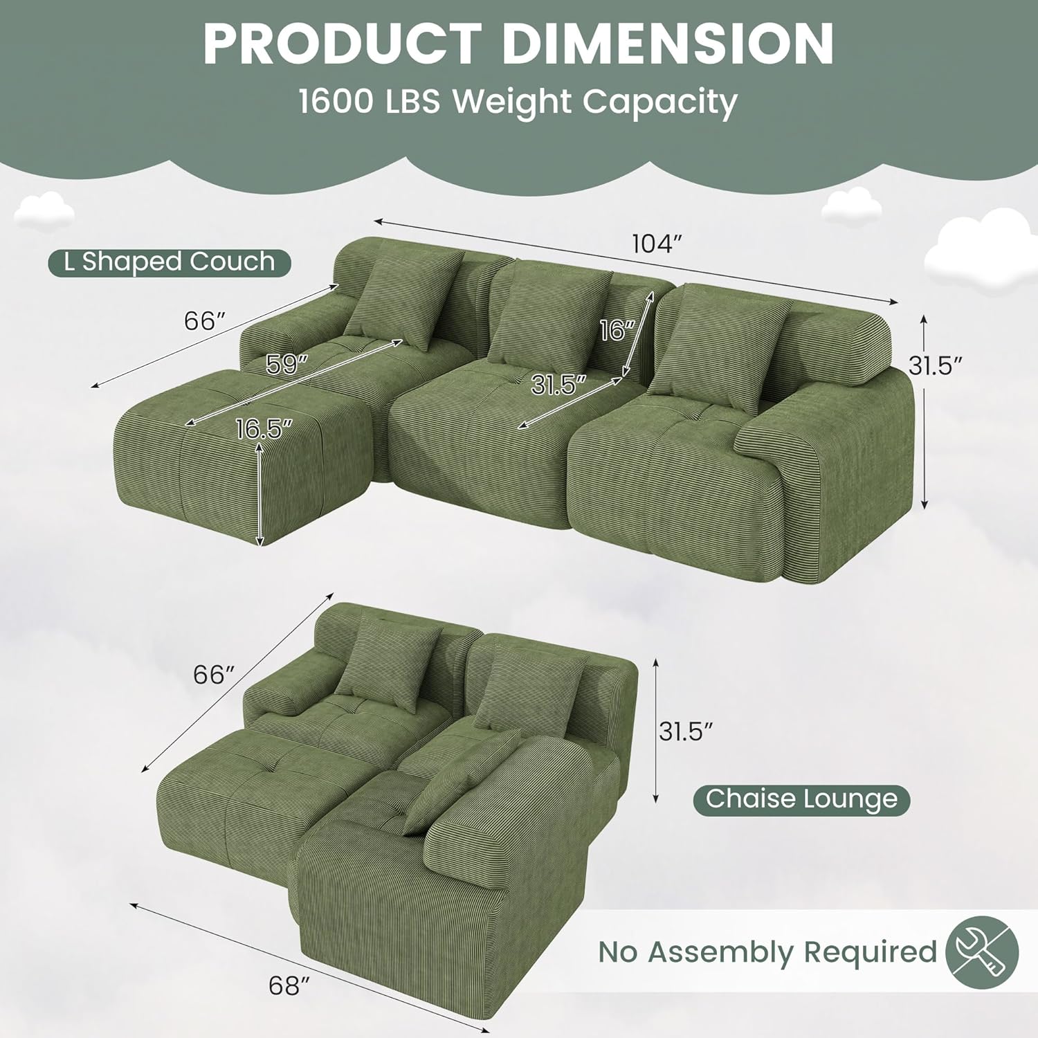 104" Boneless Couch with Ottoman, Upholstered Flexible Modular Sectional Sofa Cloud Couch with Deep Seat & Pillows for Small Spaces, Boneless Couches for Living Room, No Assembly Required, Green
