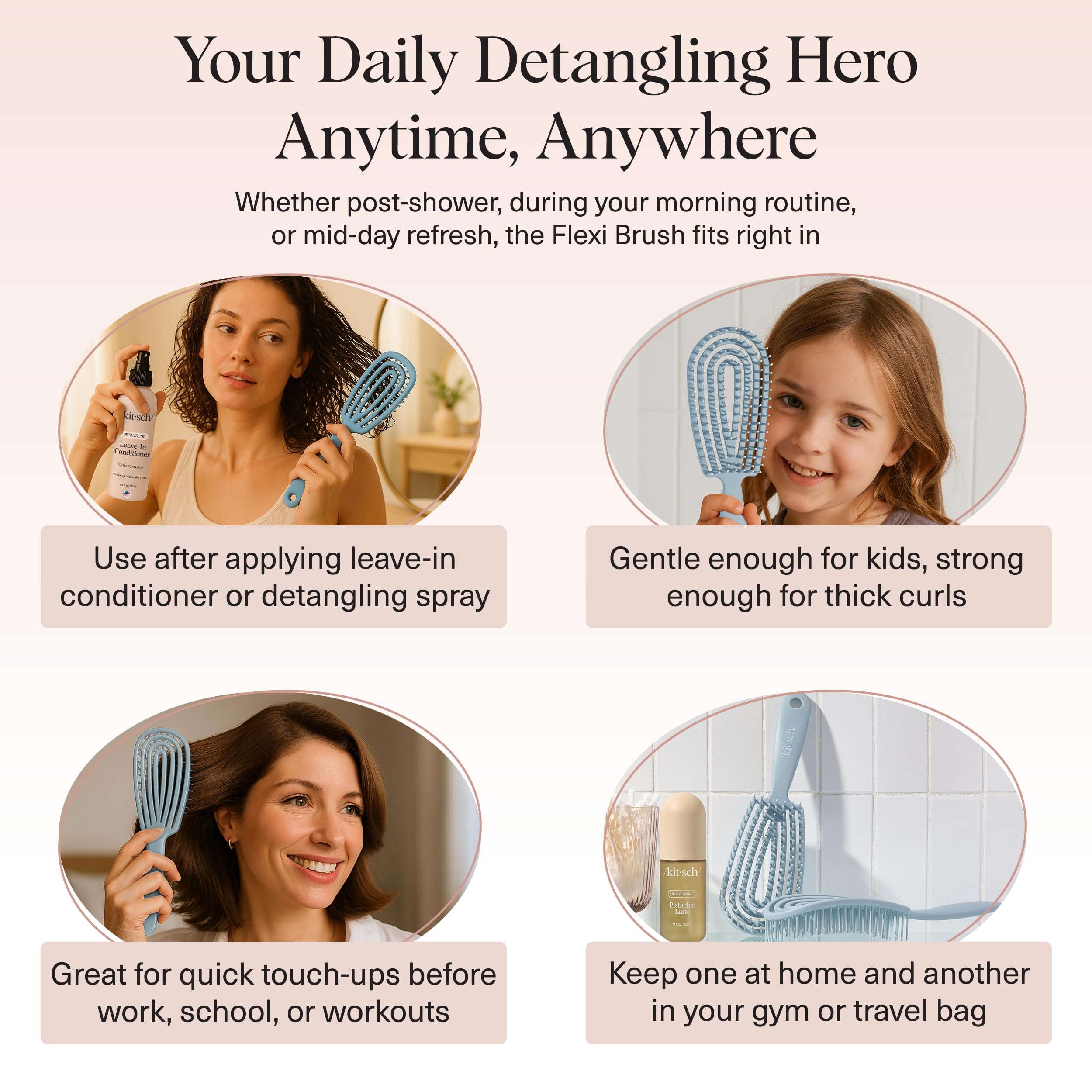 Kitsch Detangler Brush – Flexible Curly Hair Brush for Women, Men & Kids | Detangling Hairbrush with Bendable Frame and Ultra-Smooth Bristles for Wet or Dry Strands - Haze Blue