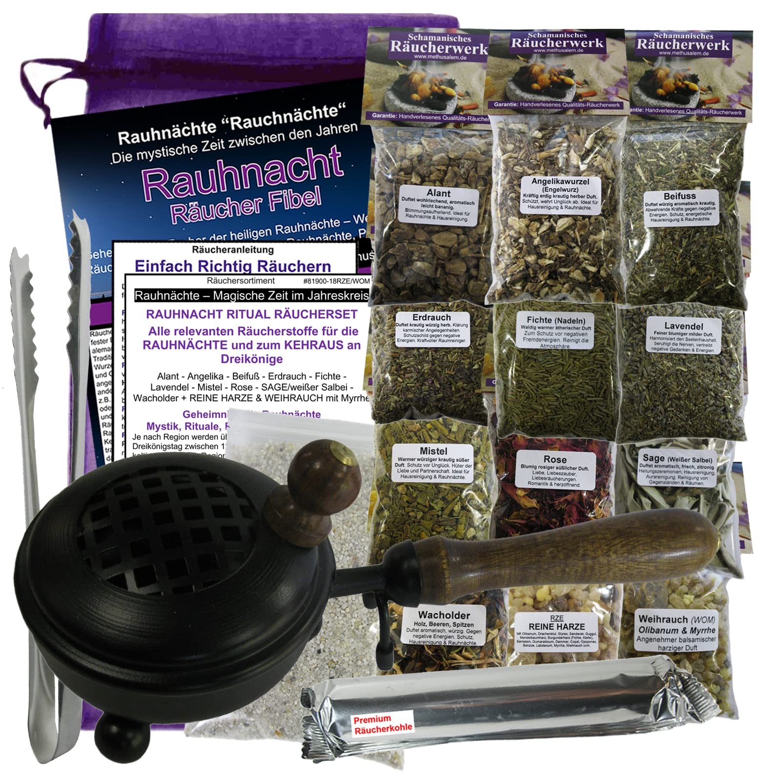 RAUHNÄCHTE räuchern 20-TLG Rauhnacht Räucher-Komplett Set 12x Räucherwerk, RÄUCHERPFANNE, RÄUCHERZANGE, Weißer Salbei, Weihrauch, Myrrhe, Styrax, Anleitung, Zubehör, Täschchen 81900-18PZ
