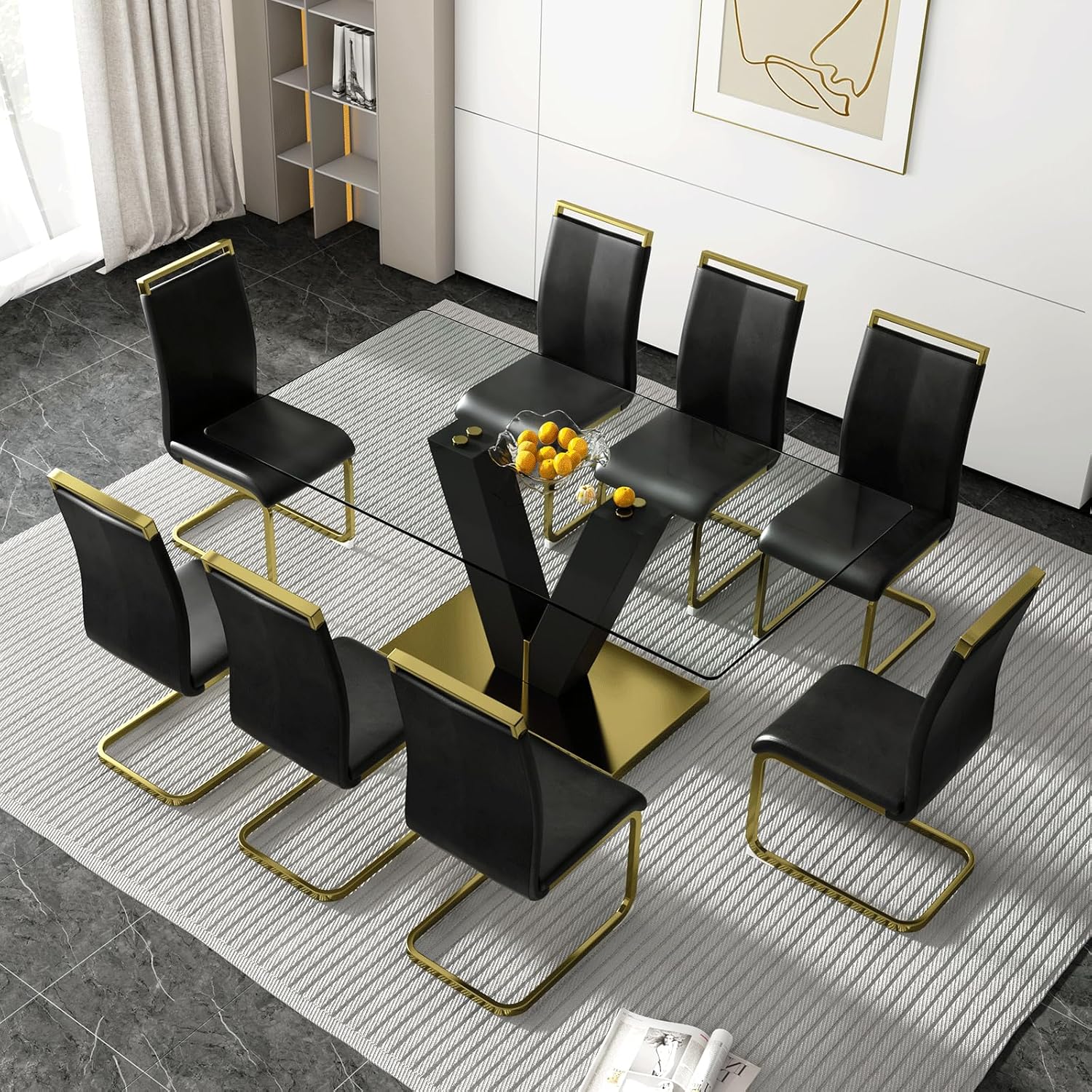 gopop Modern Dining Table Set for 8,Gold Glass Dining Table